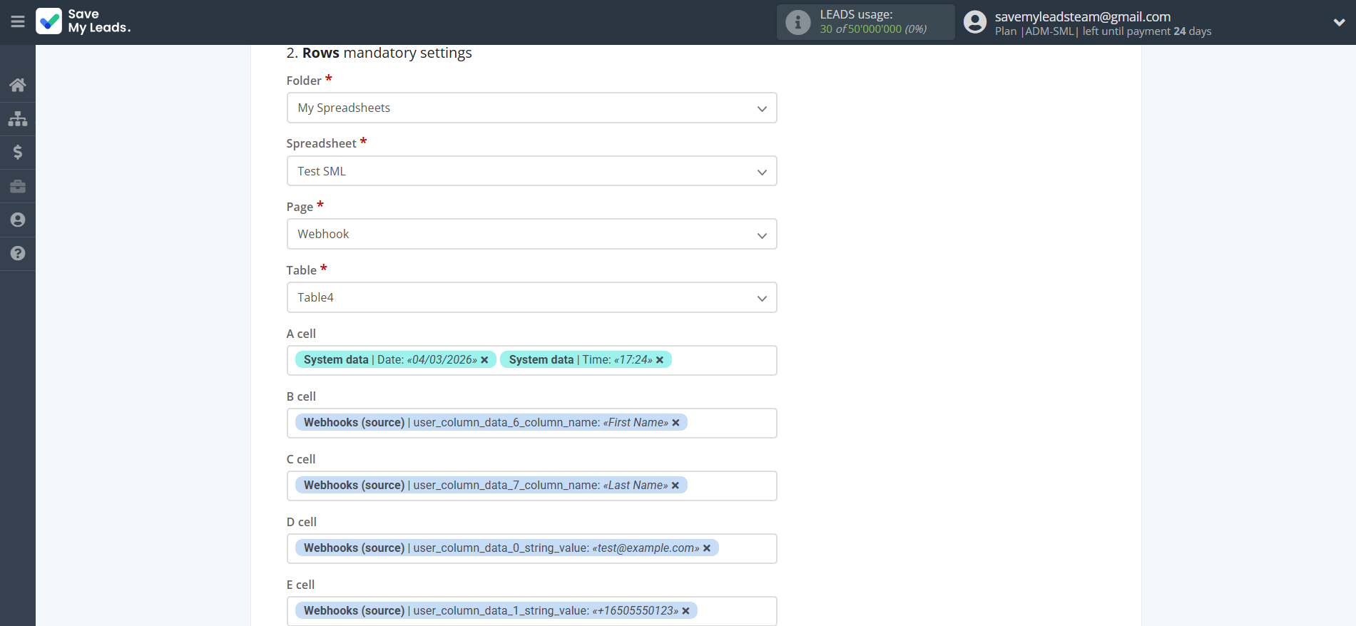 How to Connect Webhooks with Rows Add Row | Assigning fields