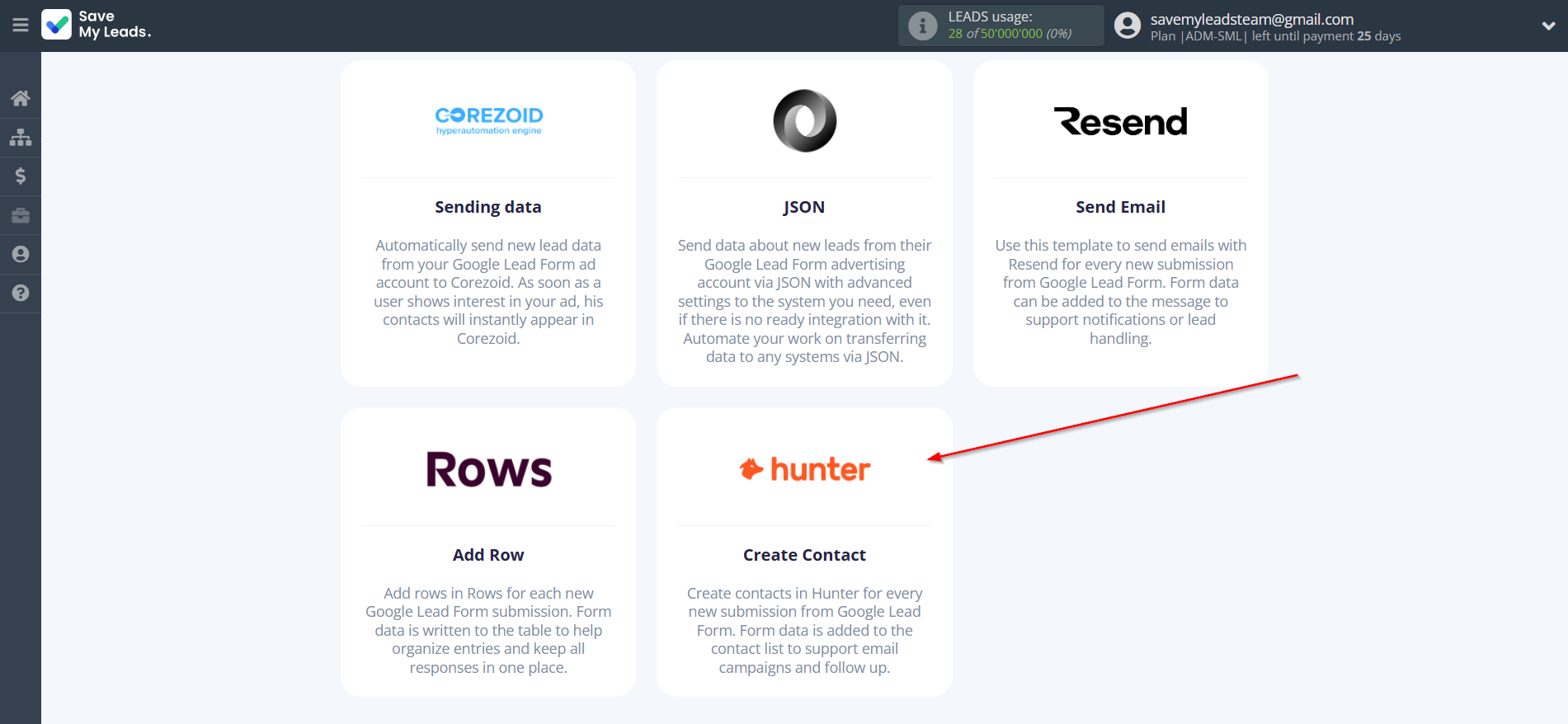How to Connect Google Lead Form with Hunter.io | Data Destination system selection