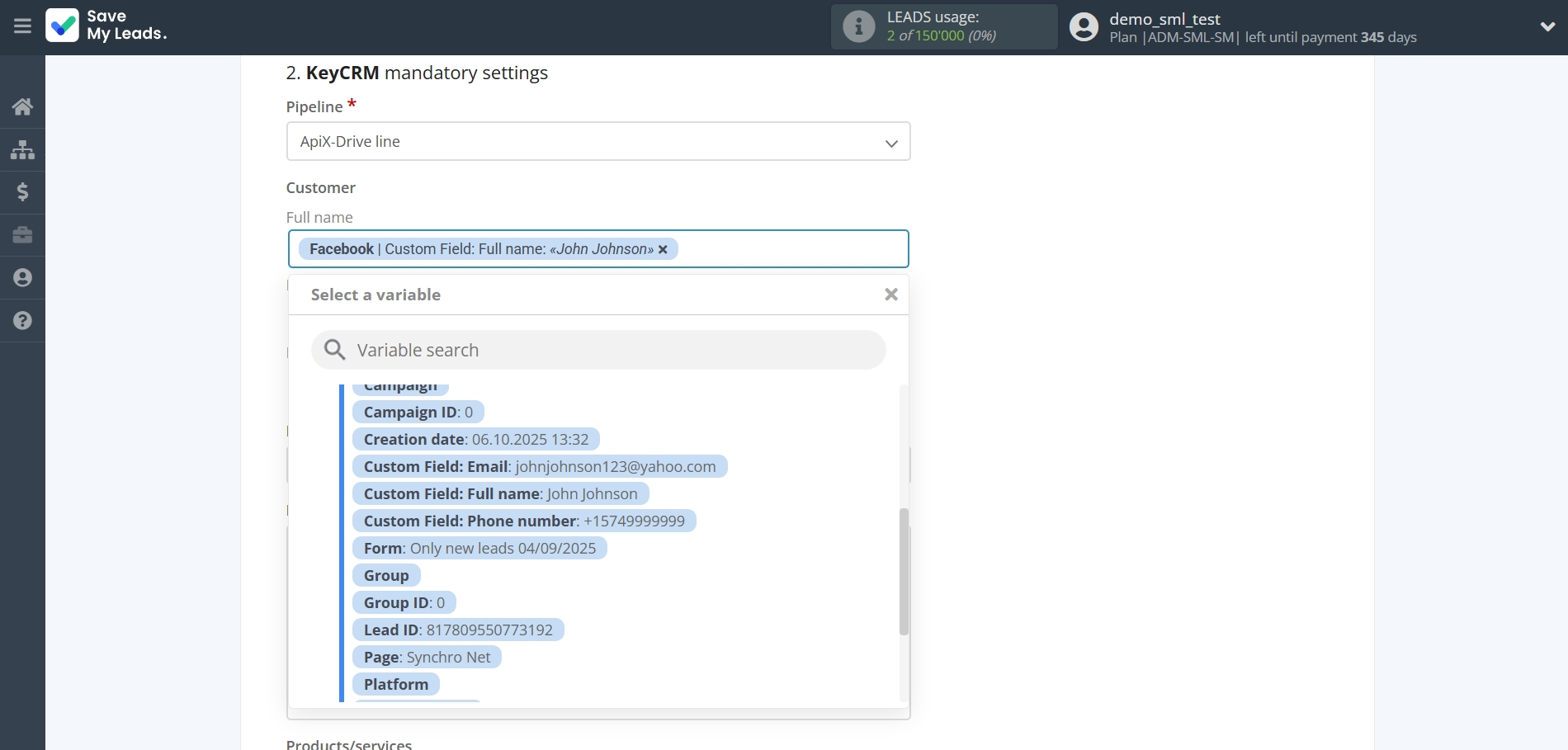 How to Connect Facebook with KeyCRM Create Lead | Assigning fields