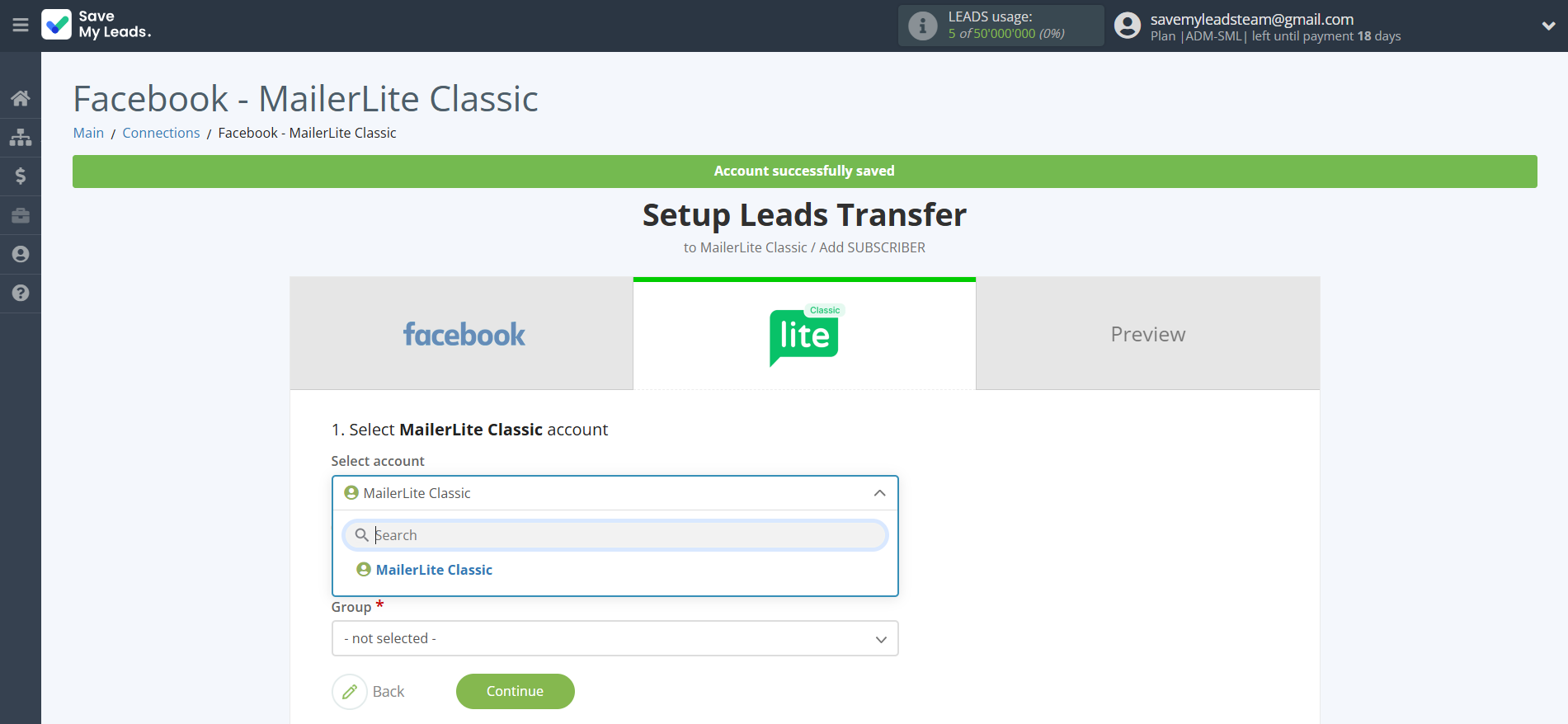 How to Connect Facebook with MailerLite Classic | Data Destination account selection How to Connect Facebook with MailerLite Classic | Data Destination account selection