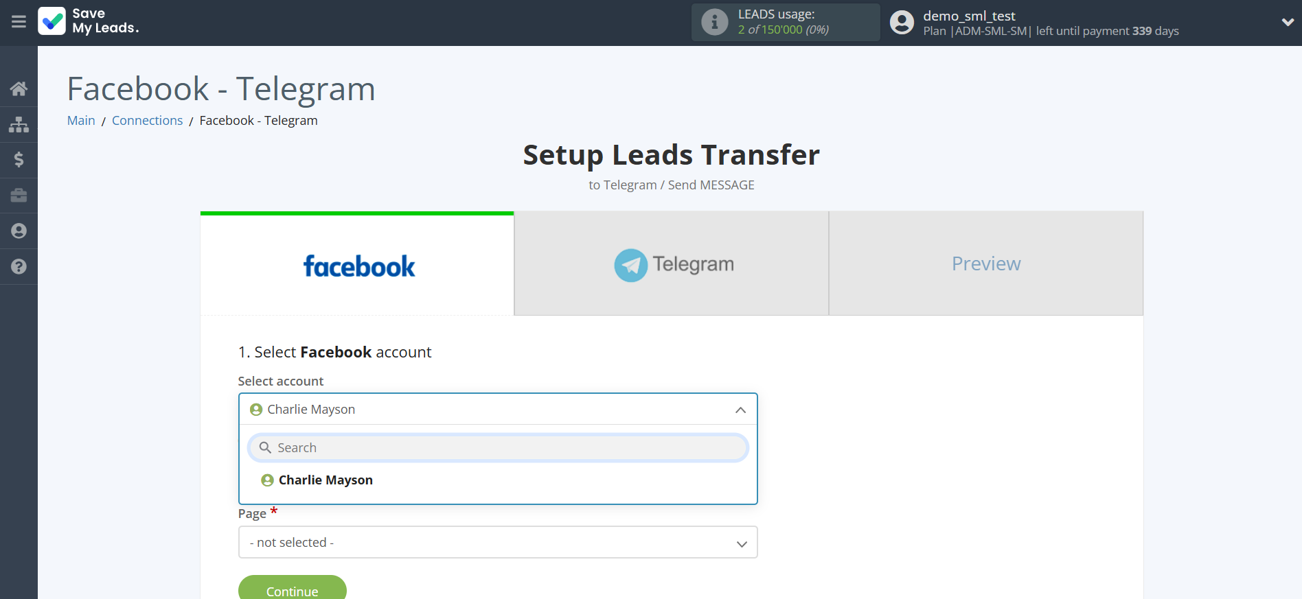 How to Connect Facebook with Telegram | Data Source account selection