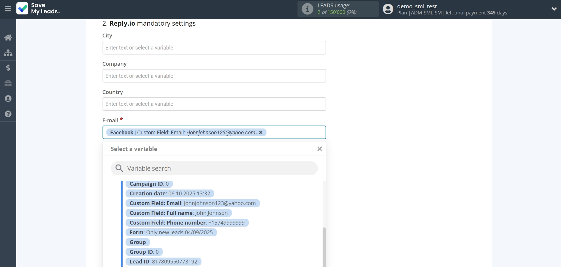 How to Connect Facebook with Reply.io | Assigning fields