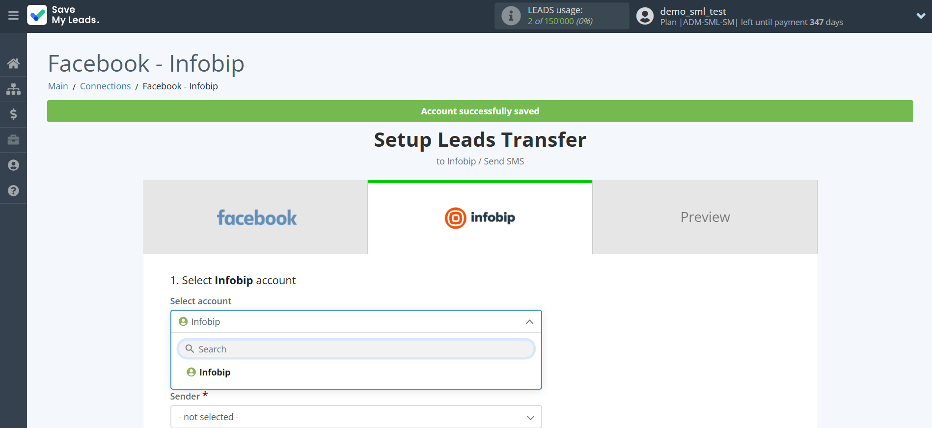 How to Connect Facebook with Infobip | Data Destination account selection