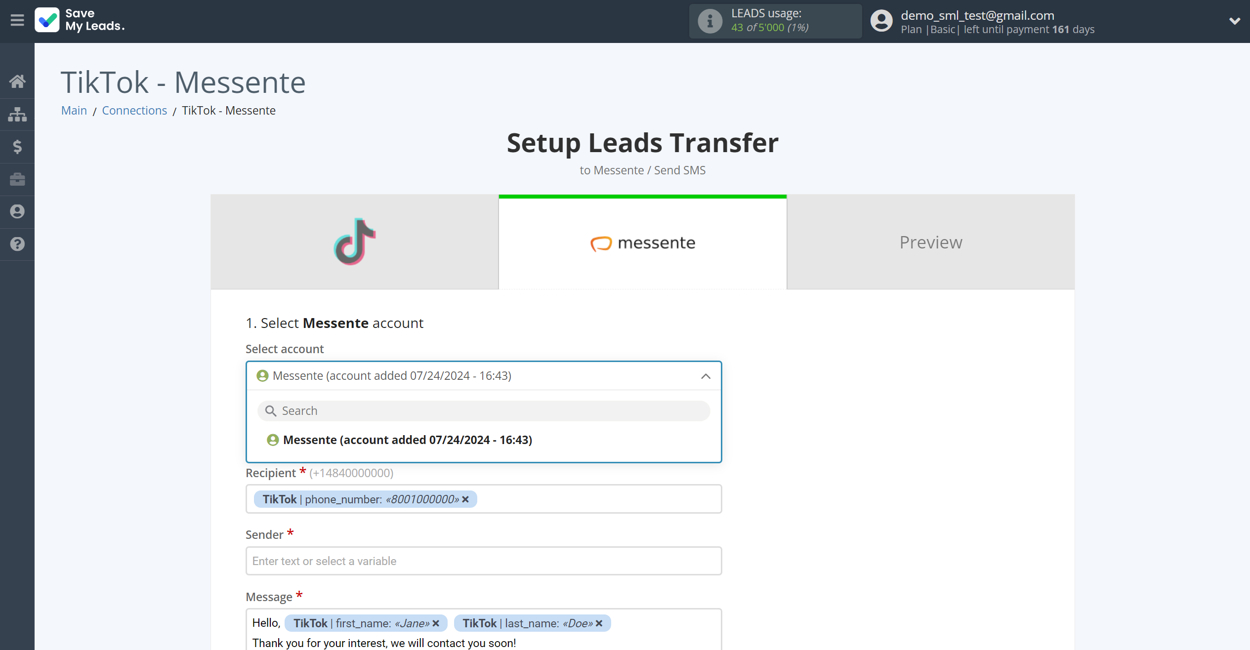 How to Connect TikTok with Messente | Data Destination account selection How to Connect TikTok with Messente | Data Destination account selection