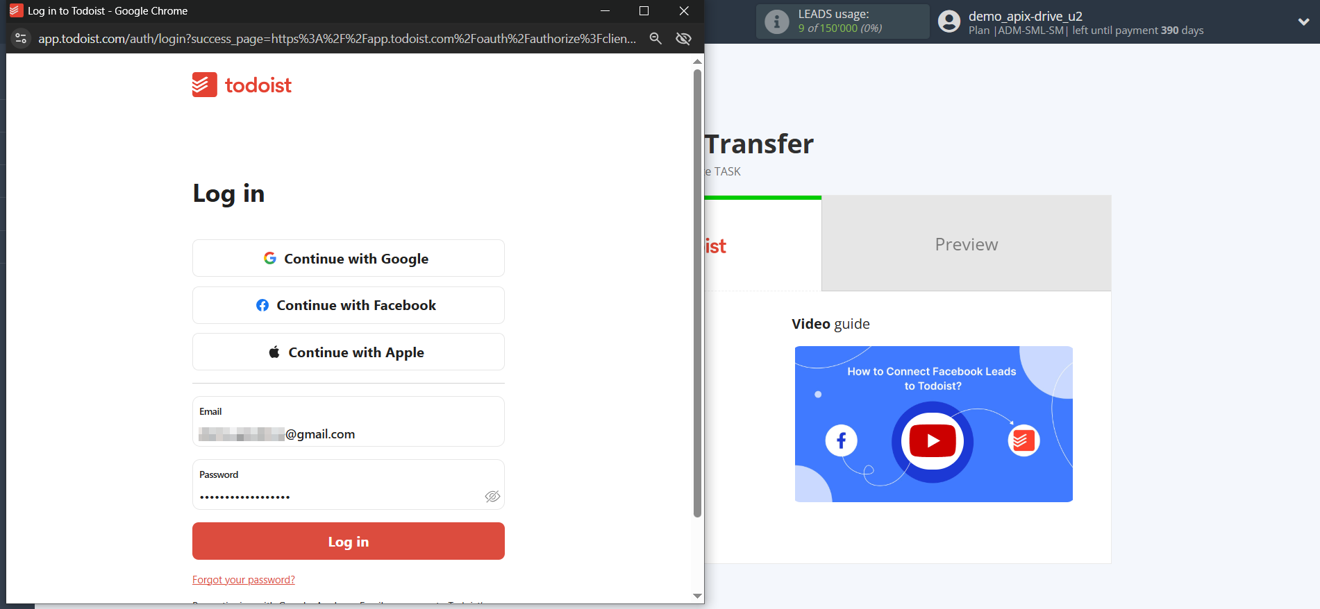 How to Connect Facebook with Todoist | Data Destination account connection
