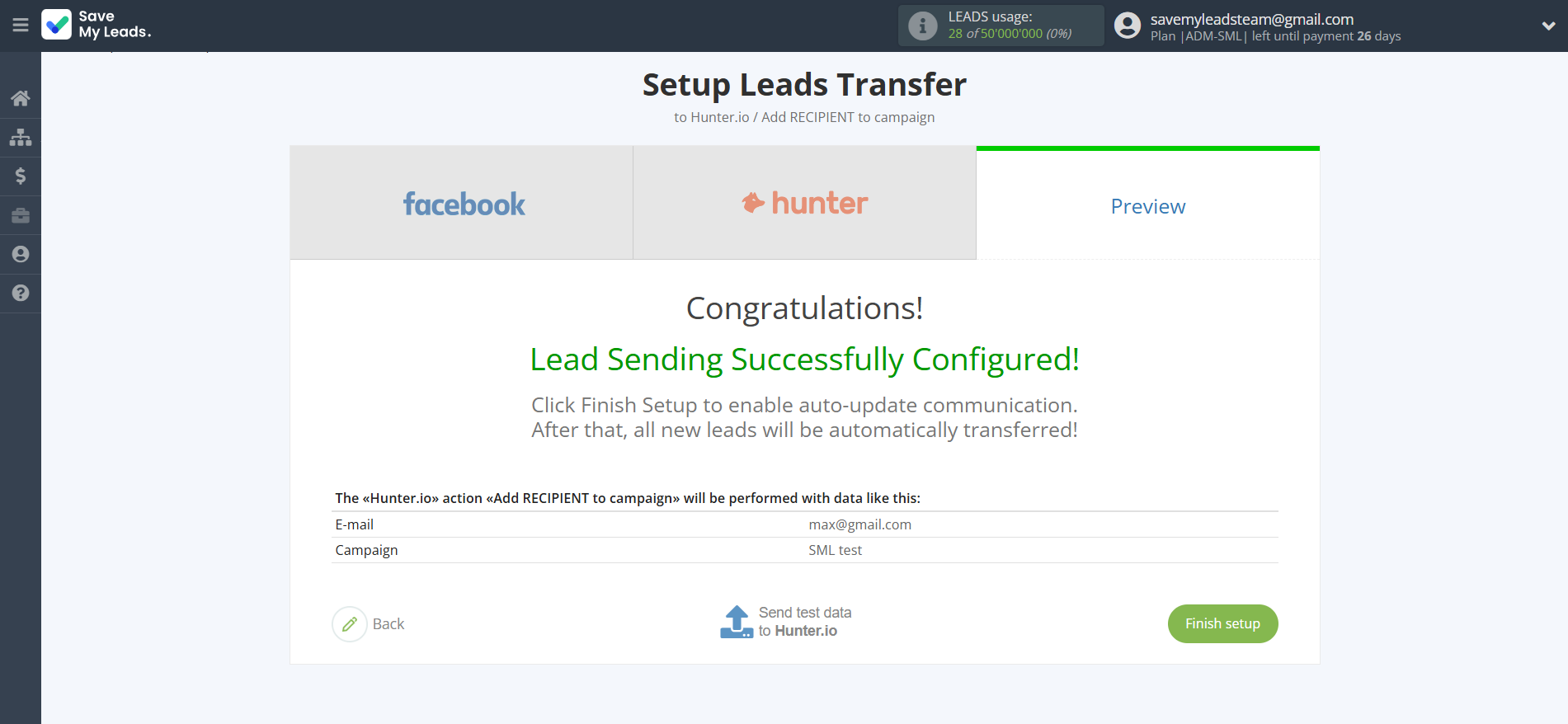 How to Connect Facebook with Hunter.io | Test data