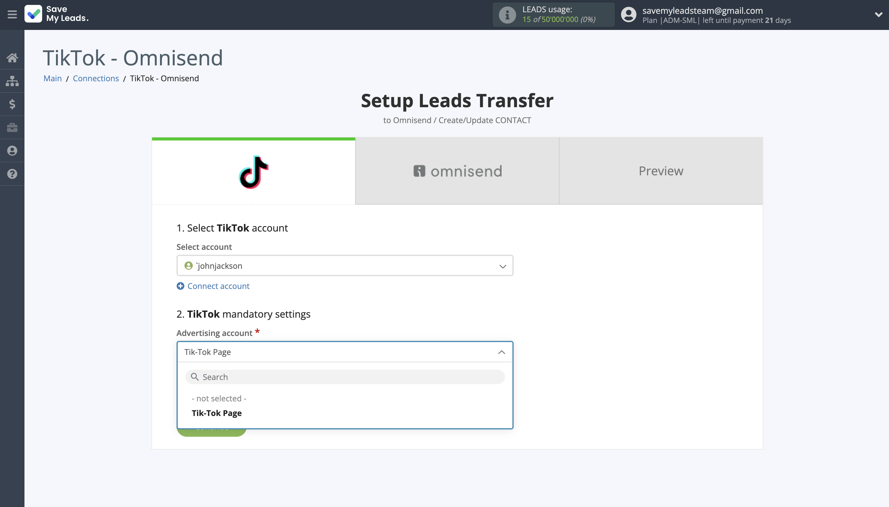 How to Connect TikTok with Omnisend Create Contact | Data Source account connection
