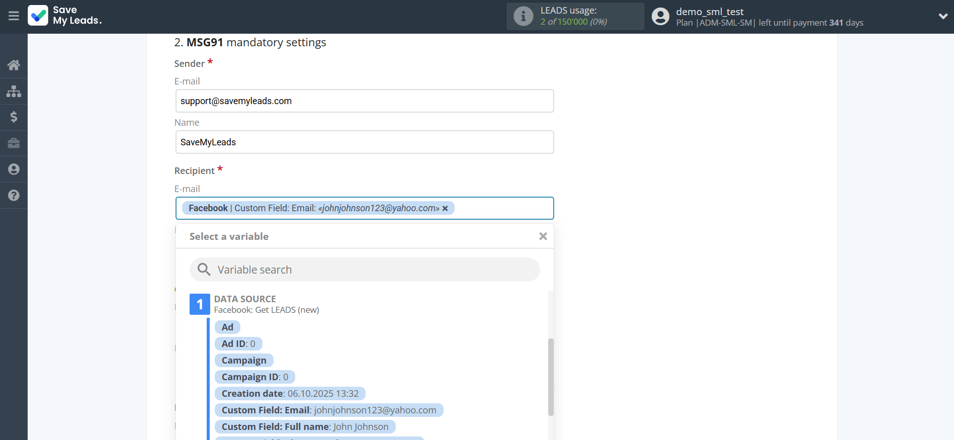 How to Connect Facebook with MSG91 Send Email | Assigning fields