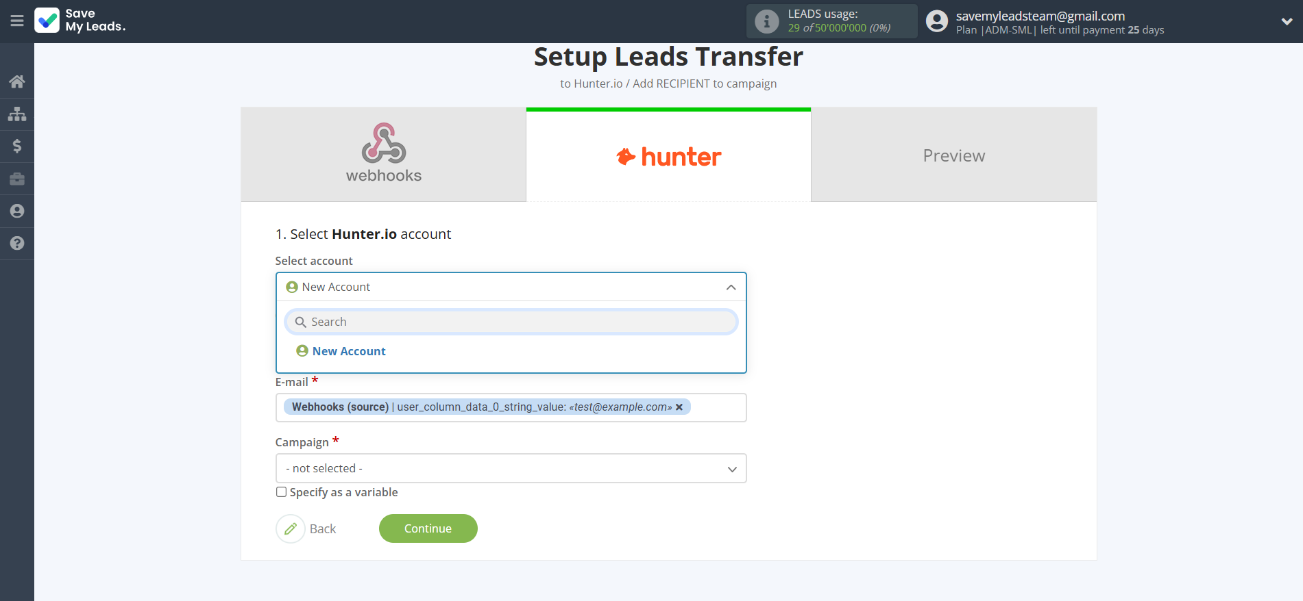 How to Connect Webhooks with Hunter.io | Data Destination account selection