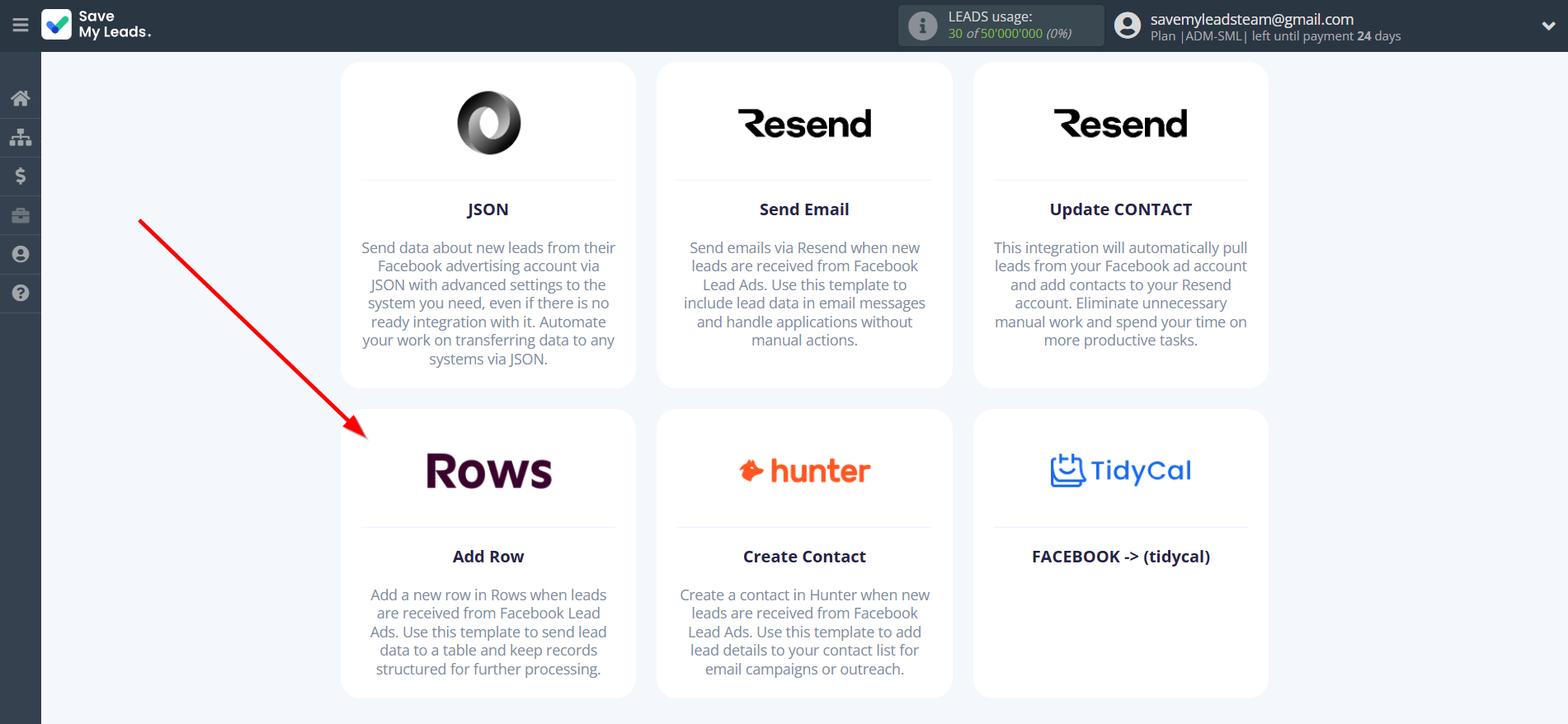 How to Connect Facebook with Rows Add Row | Data Destination system selection