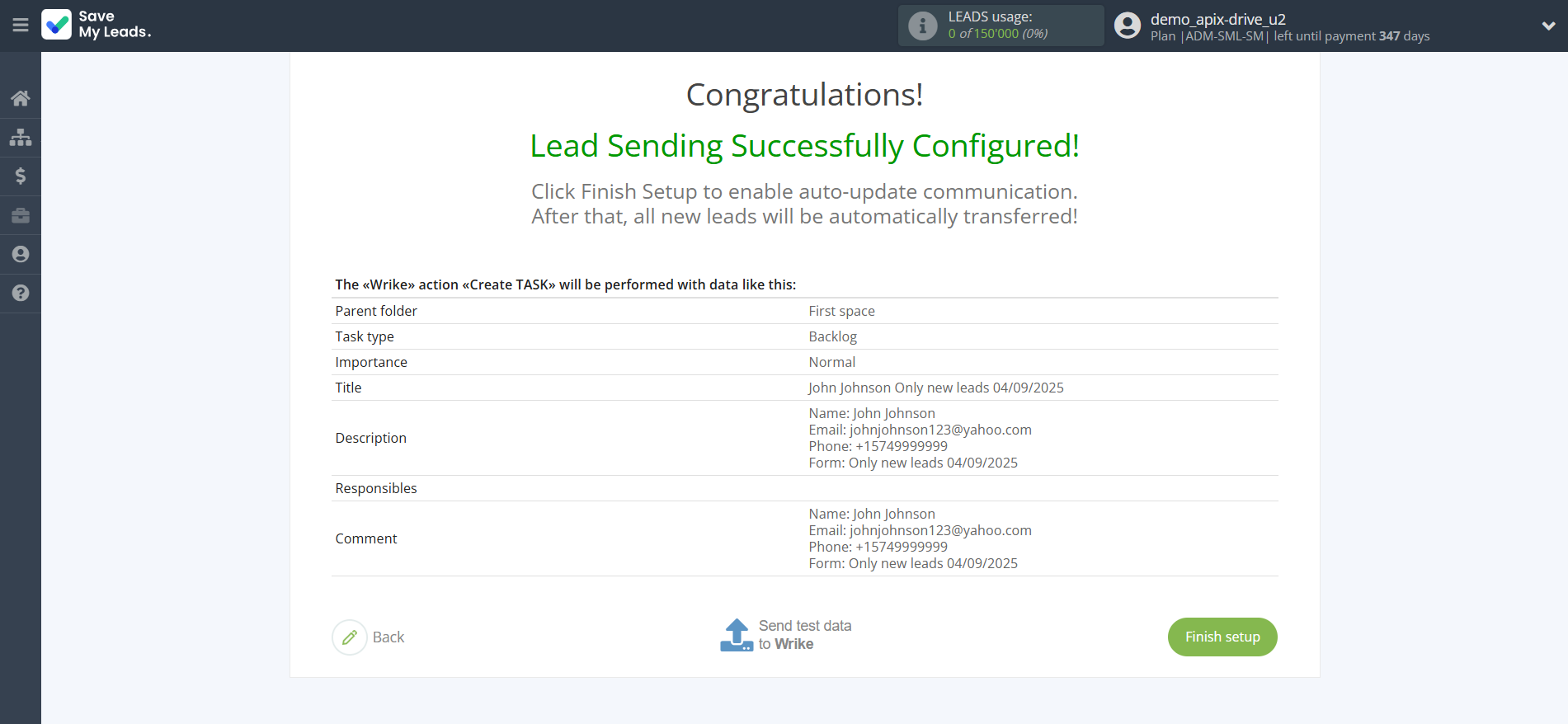 How to Connect Facebook with Wrike | Test data
