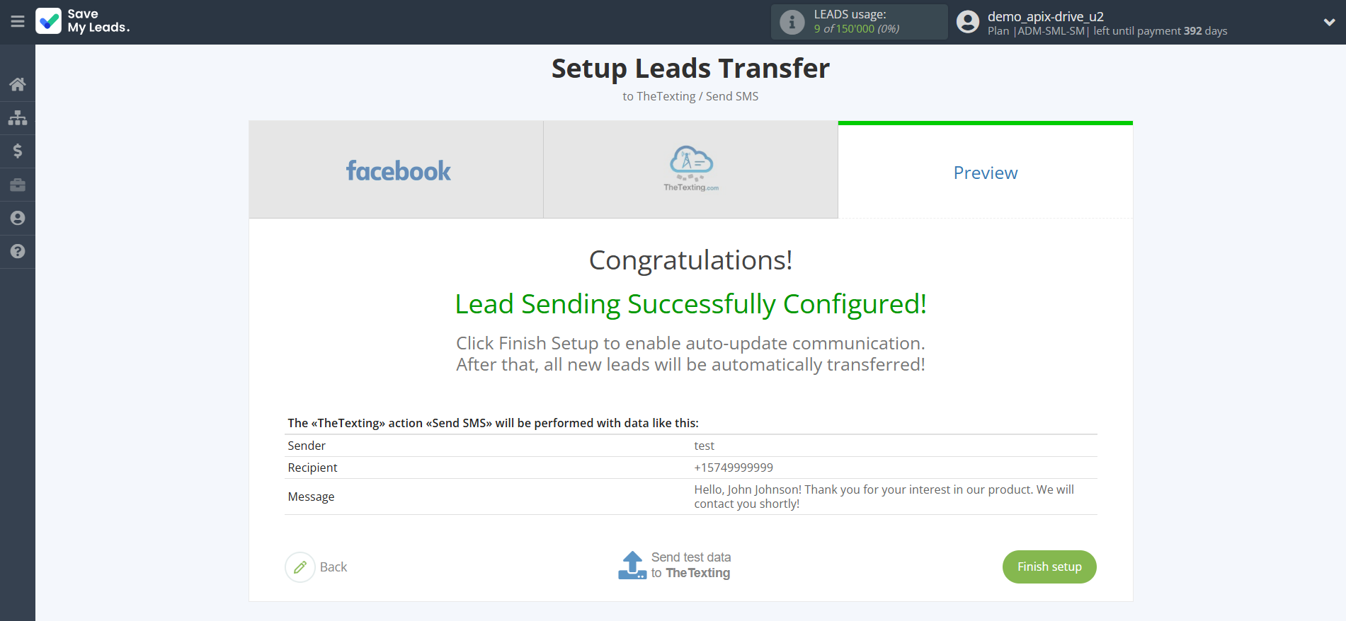 How to Connect Facebook with TheTexting | Test data