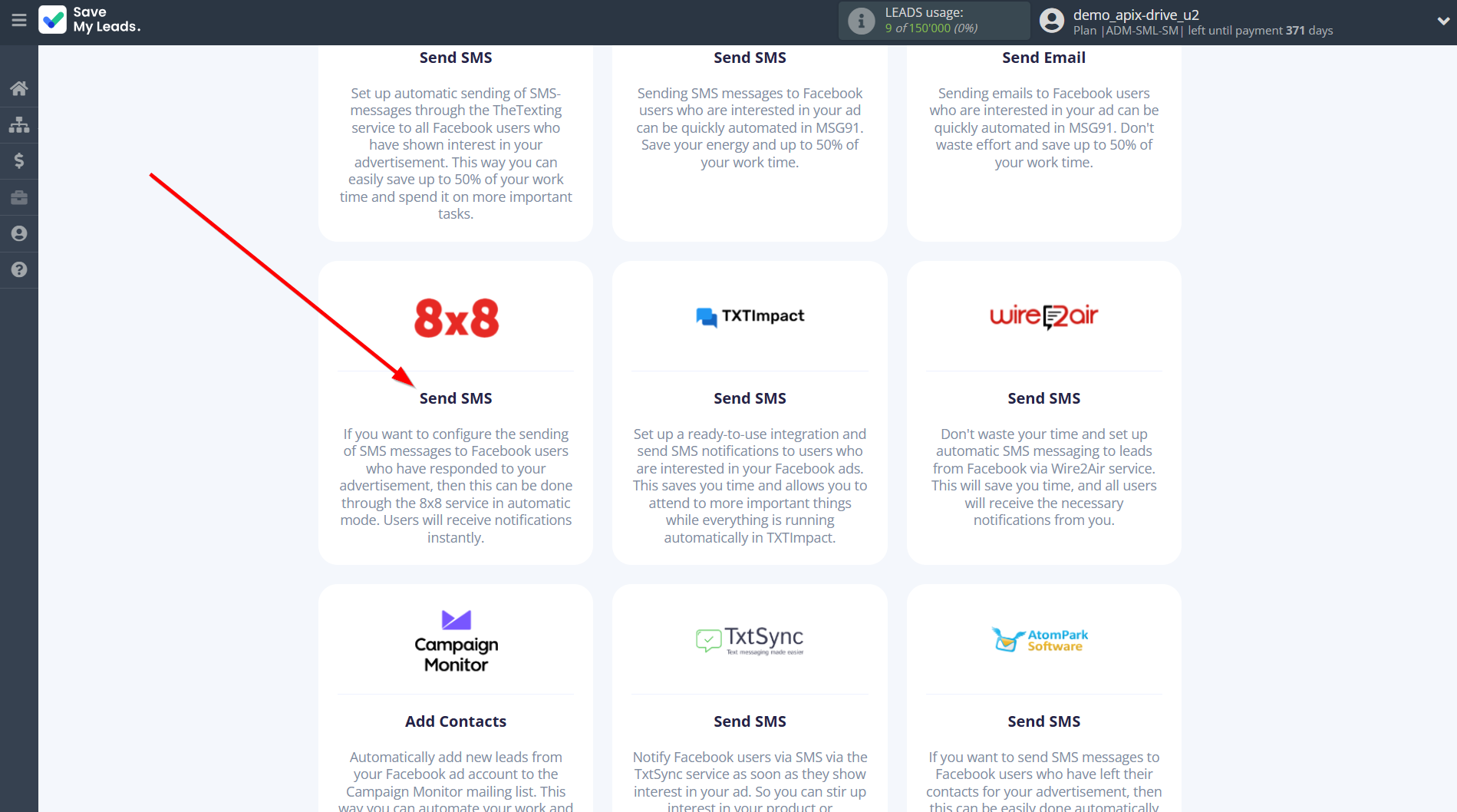 How to Connect Facebook with 8x8 | Data Destination system selection