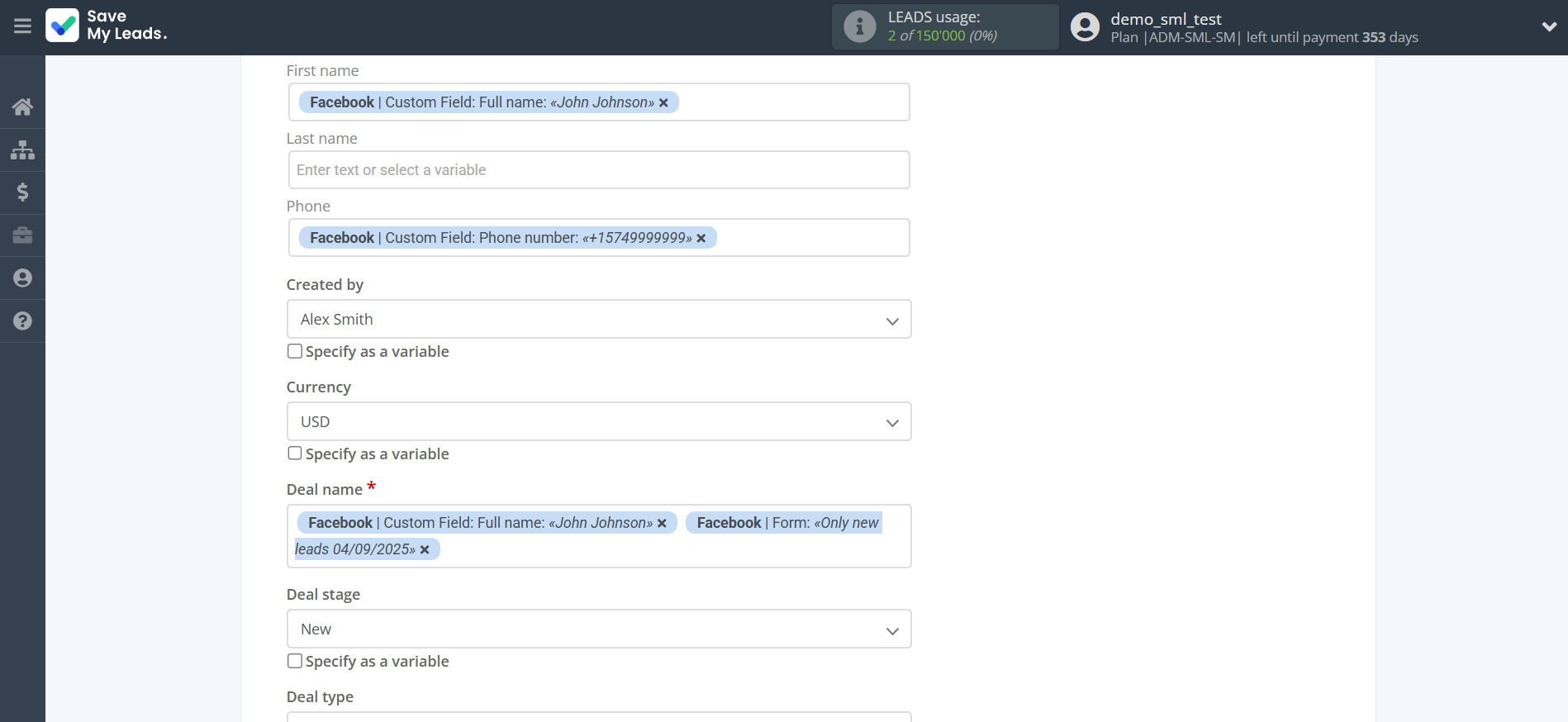 How to Connect Facebook with Freshworks Create Deal | Assigning fields