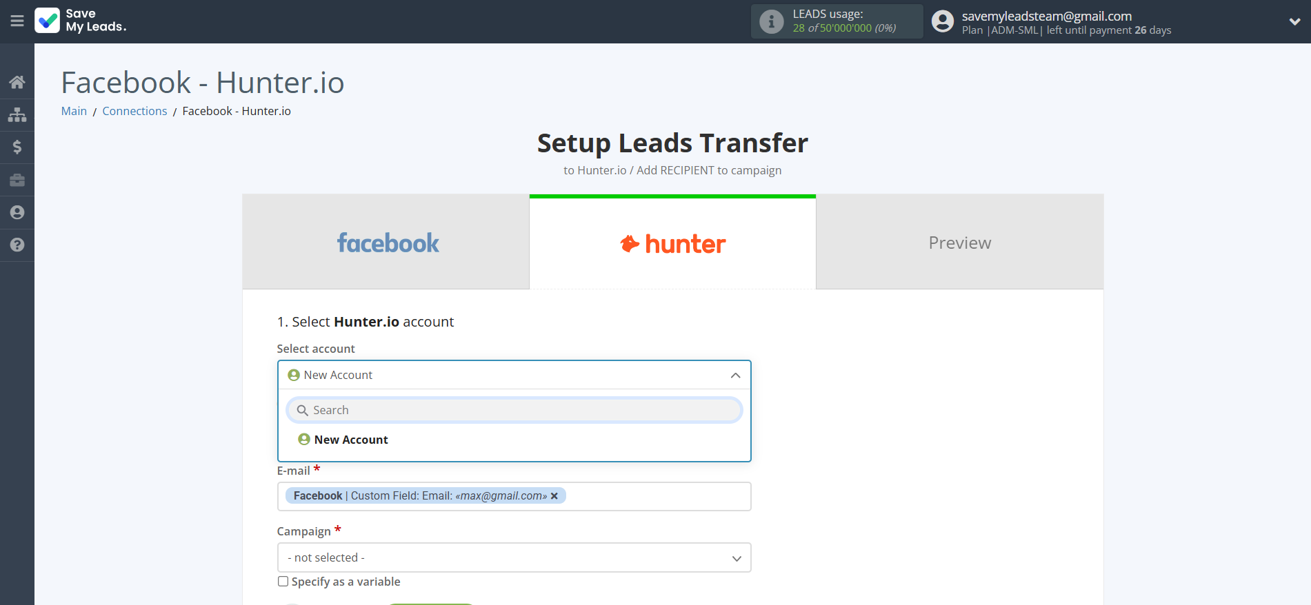 How to Connect Facebook with Hunter.io | Data Destination account selection