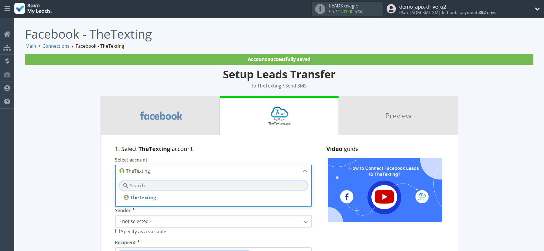 How to Connect Facebook with TheTexting | Data Destination account selection
