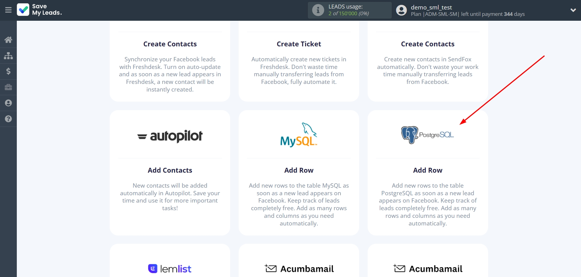 How to Connect Facebook with PostgreSQL | Data Destination system selection