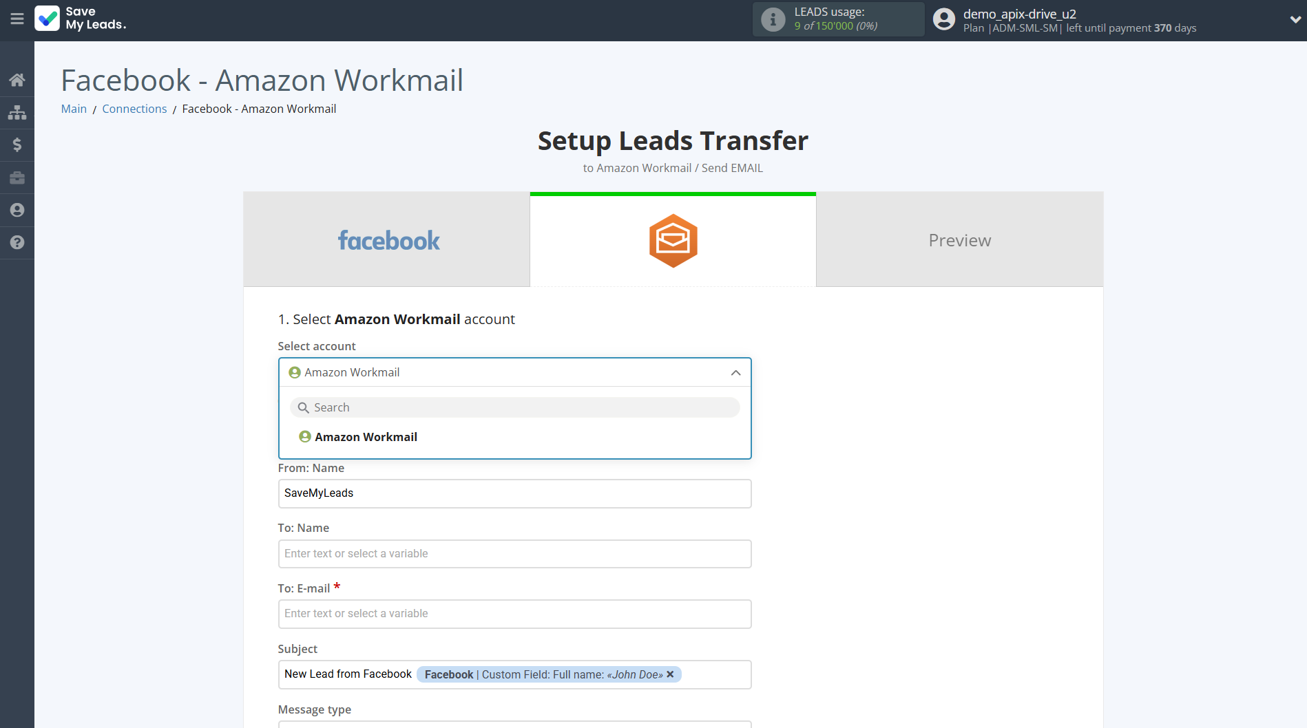 How to Connect Facebook with Amazon Workmail | Data Destination account connection