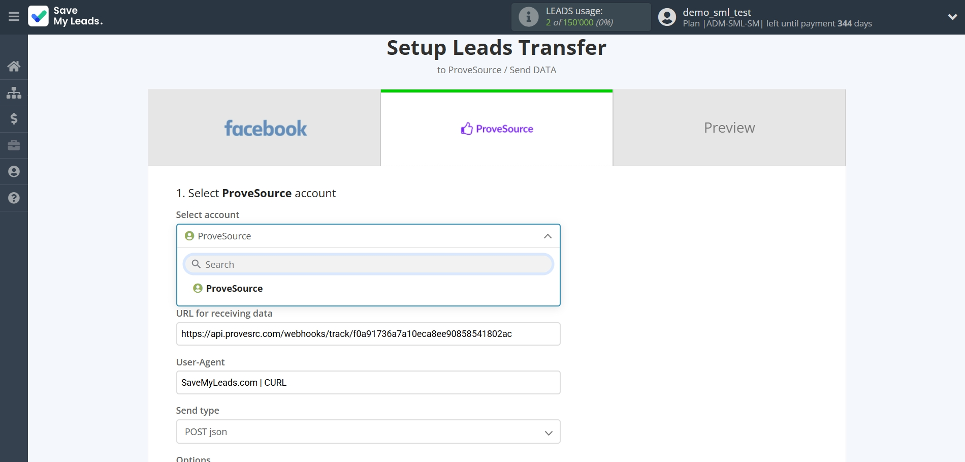 How to Connect Facebook with ProveSource | Data Destination account selection