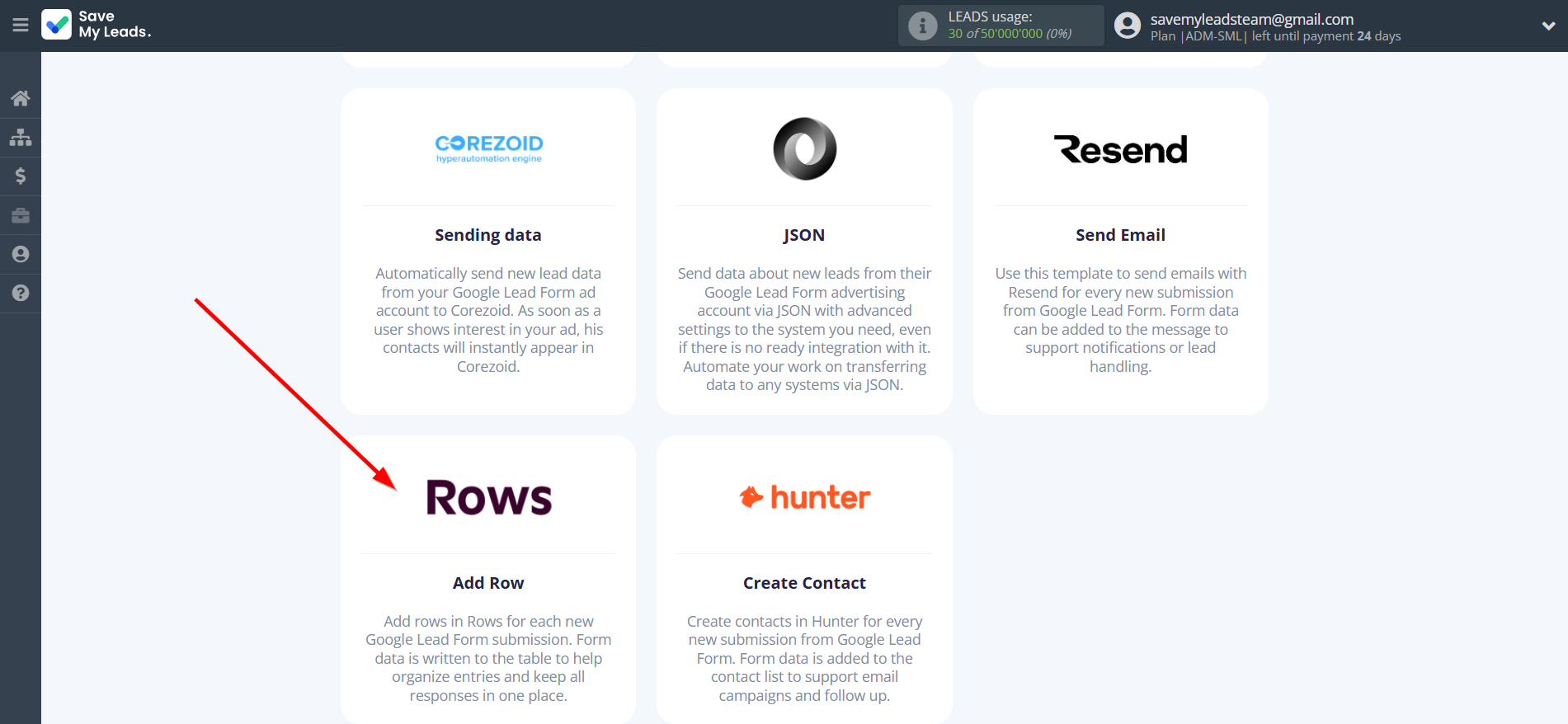 How to Connect Google Lead Form with Rows Add Row | Data Destination system selection