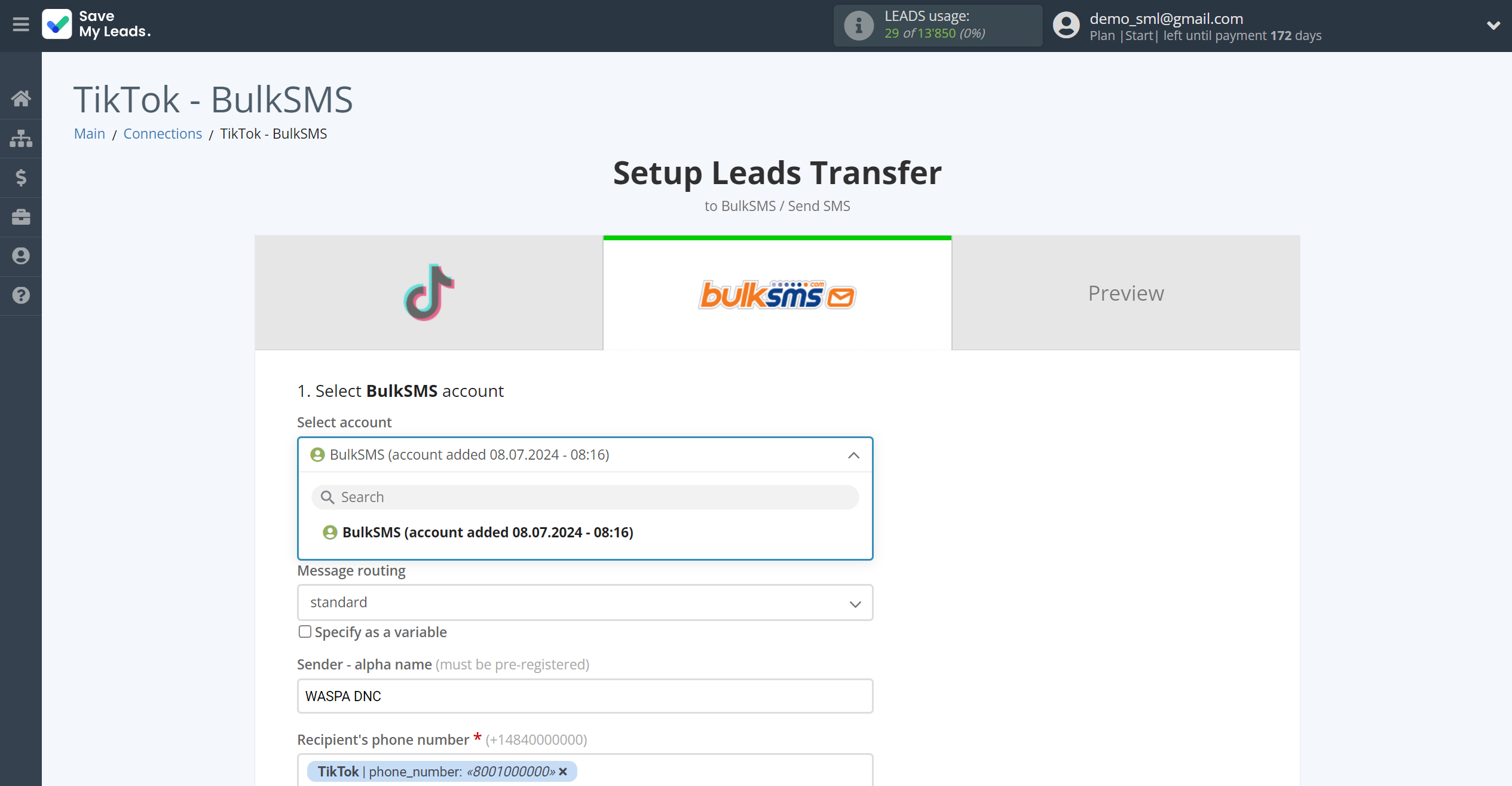 How to Connect TikTok with BulkSMS | Data Destination account selection How to Connect TikTok with BulkSMS | Data Destination account selection