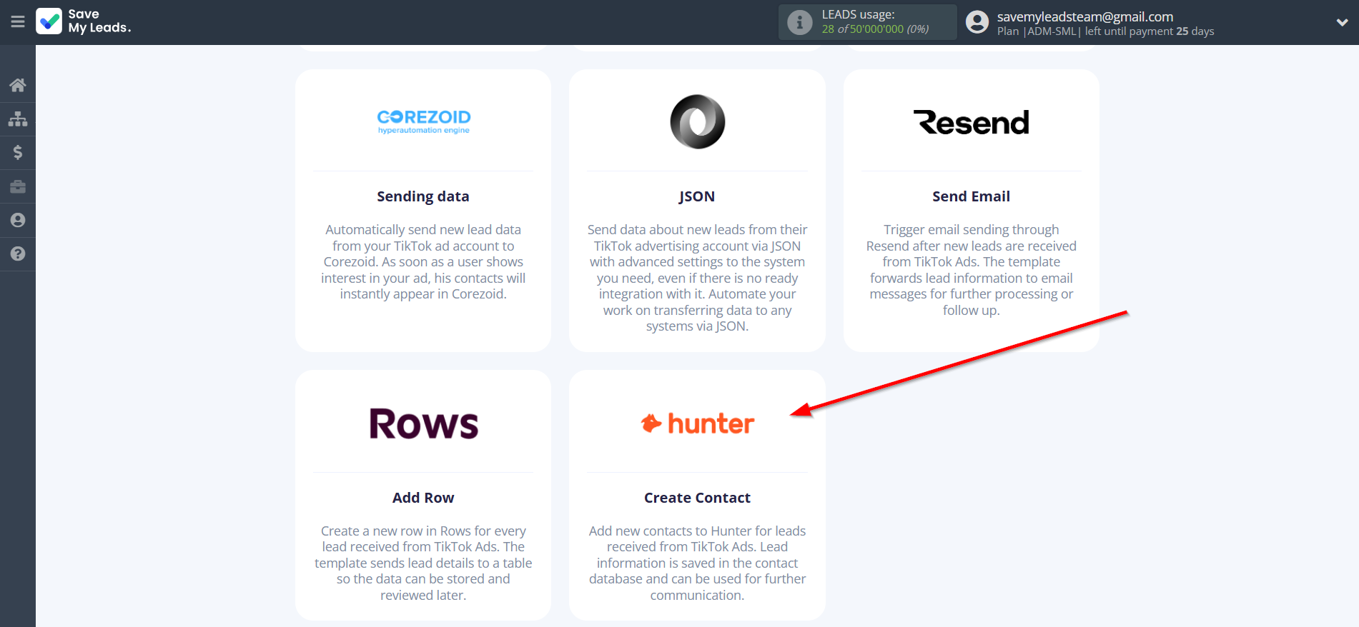How to Connect TikTok with Hunter.io | Data Destination system selection