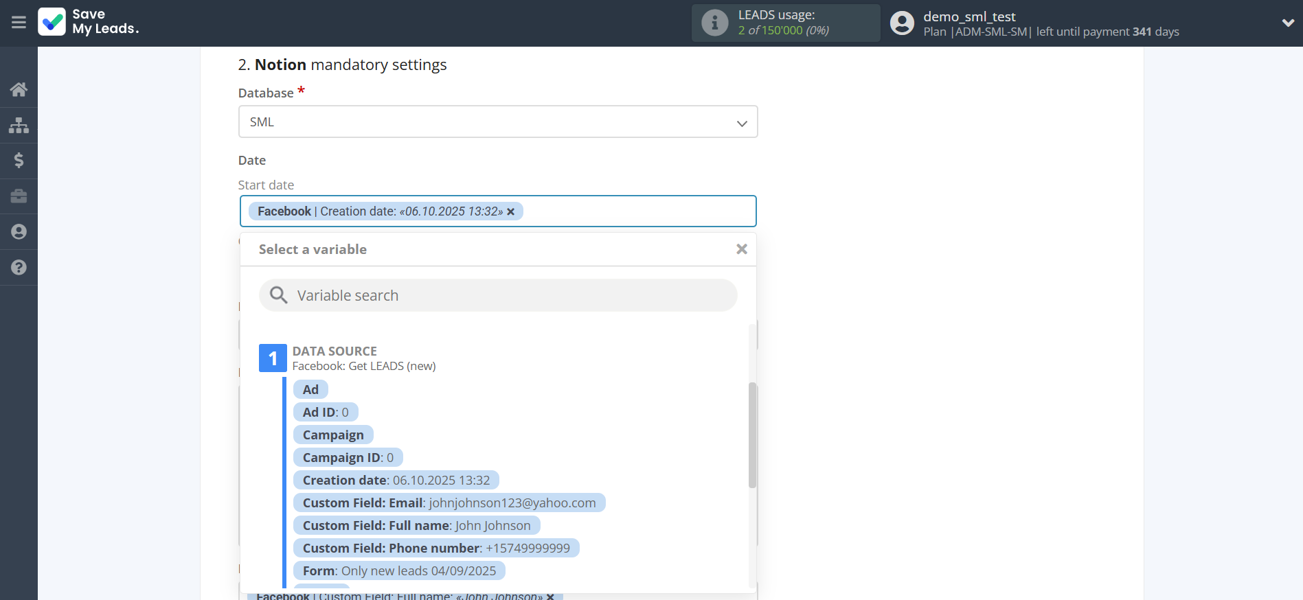 How to Connect Facebook with Notion | Assigning fields