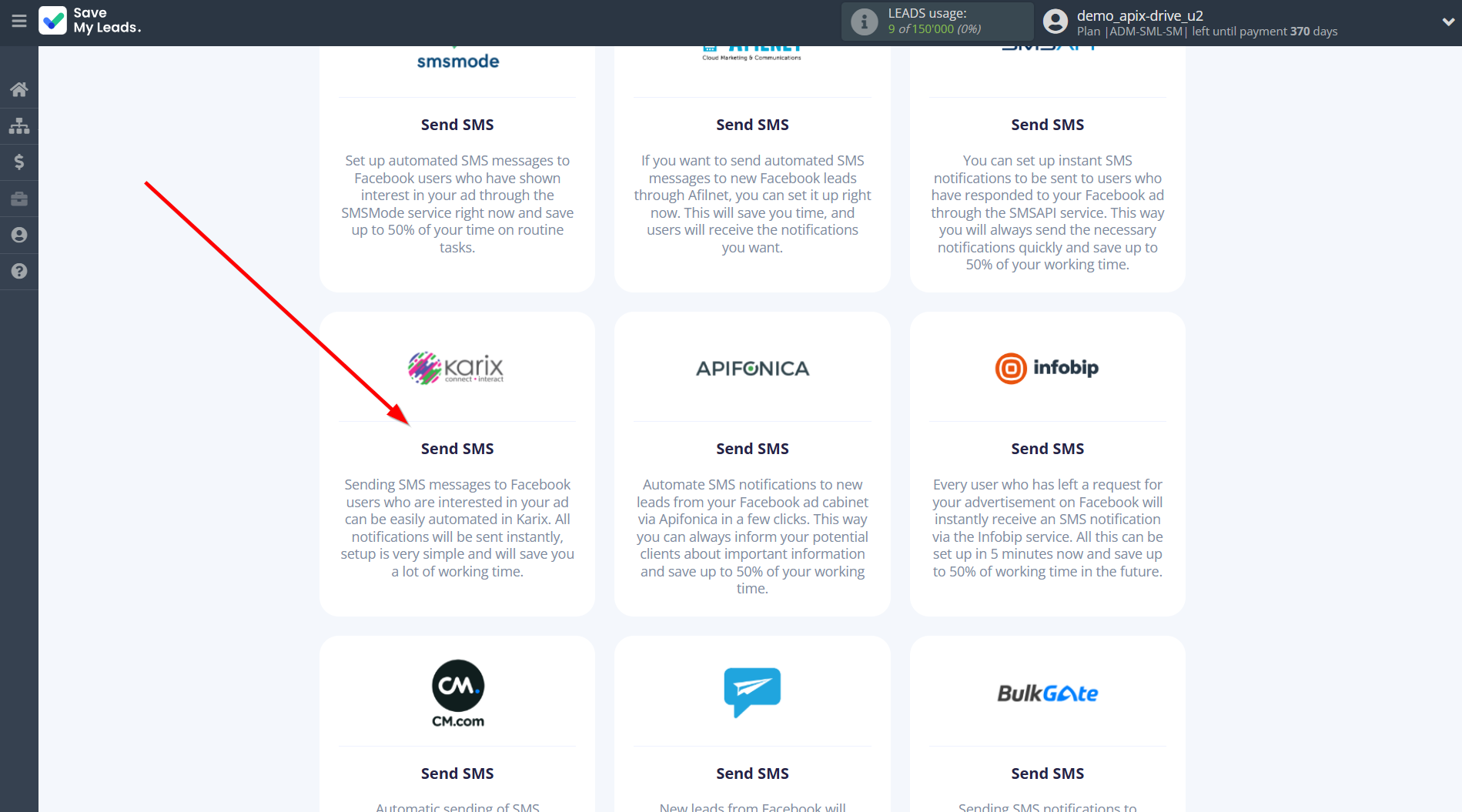 How to Connect Facebook with Karix | Data Destination system selection
