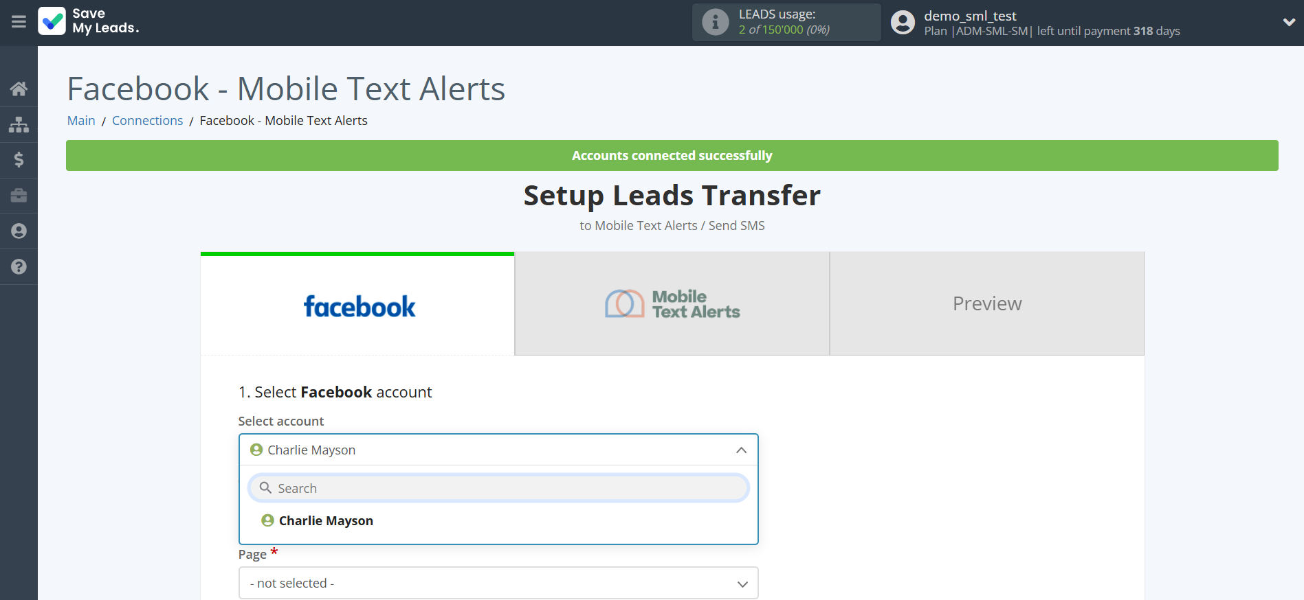 How to Connect Facebook with Mobile Text Alerts | Data Source account selection
