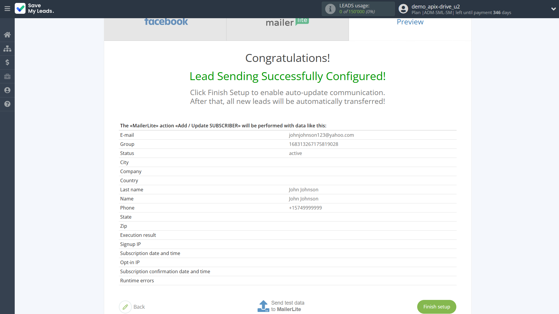 How to Connect Facebook with MailerLite | Test data