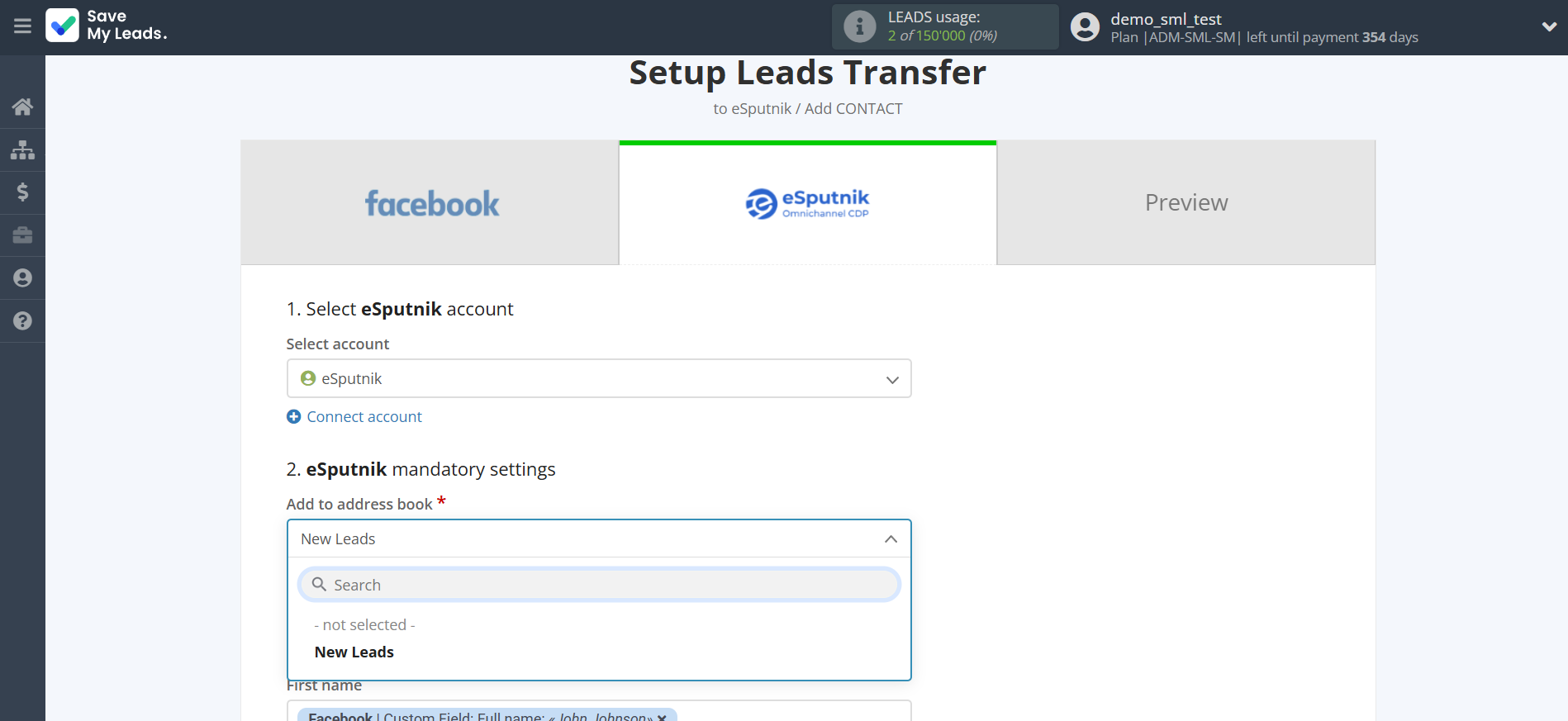 How to Connect Facebook with eSputnik Add Contacts | Assigning fields