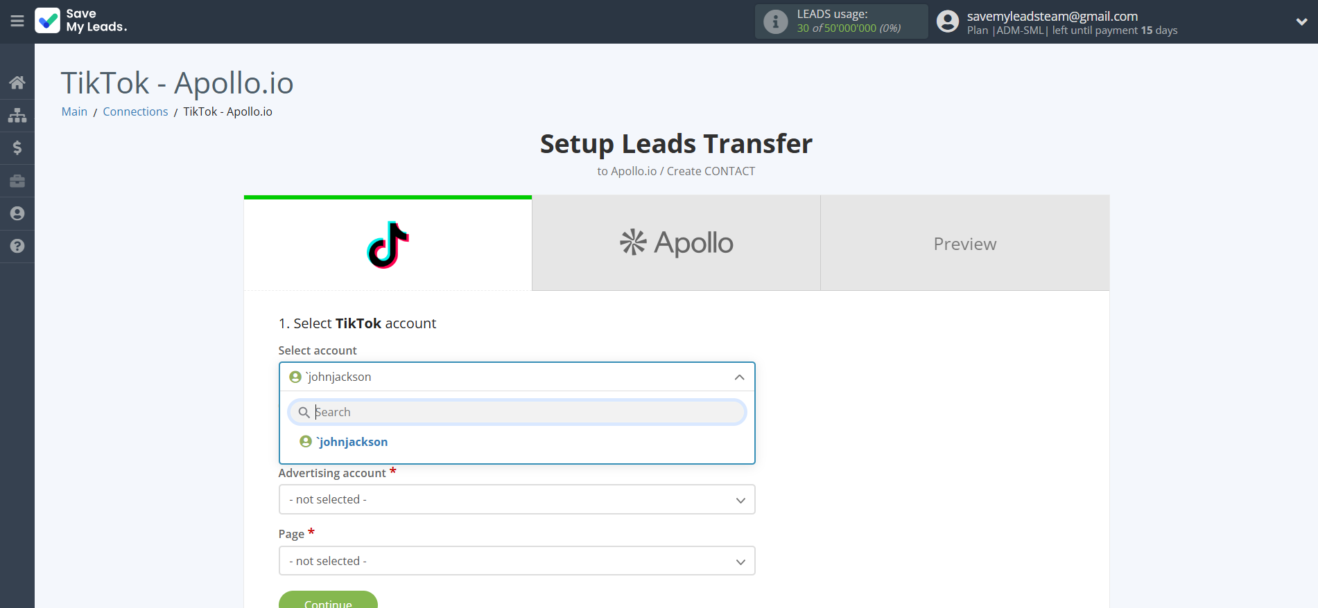 How to Connect TikTok with Apollo.io Create Contacts | Data Source account selection