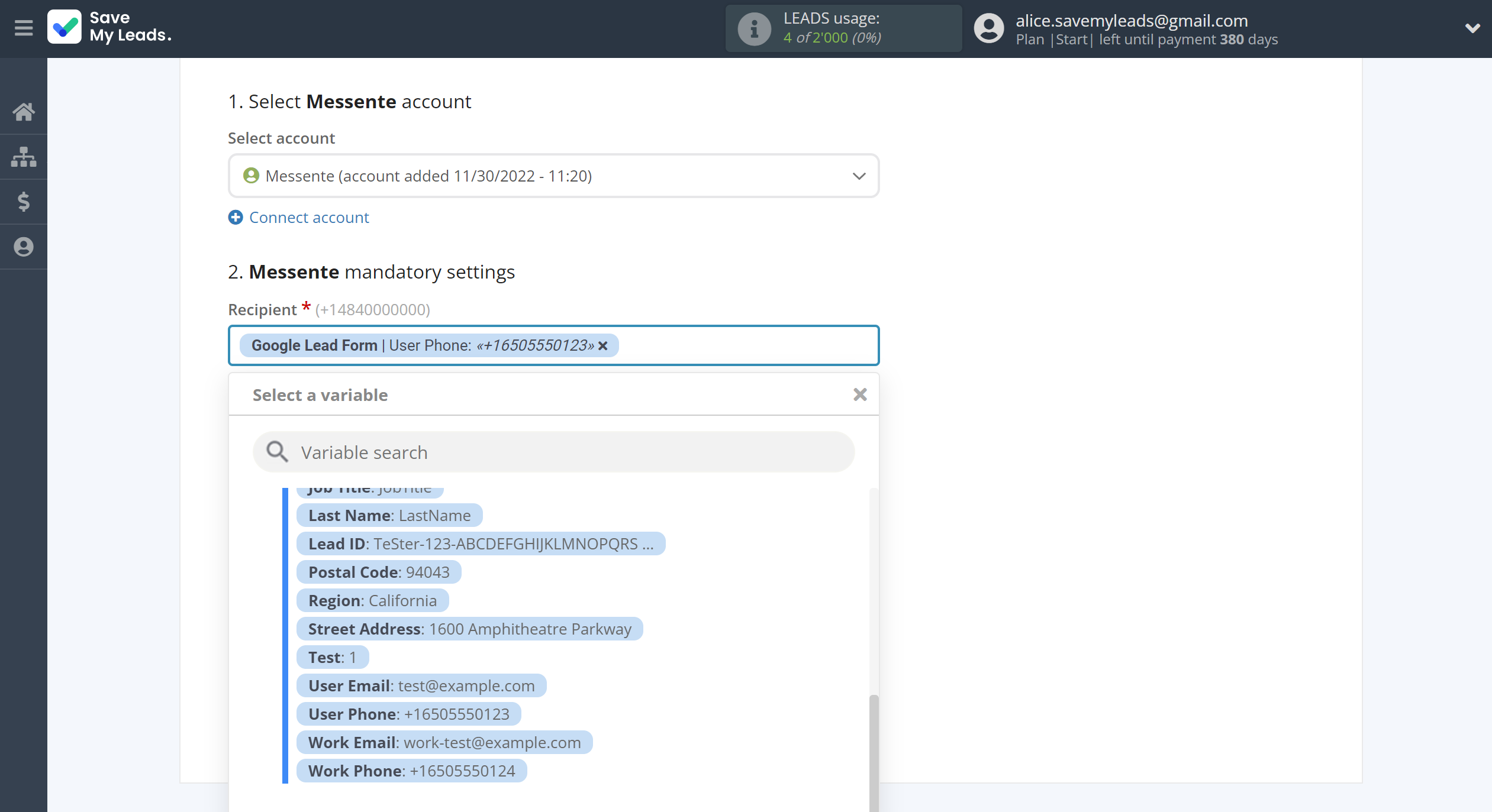 How to Connect Google Lead Form with Messente | Assigning fields