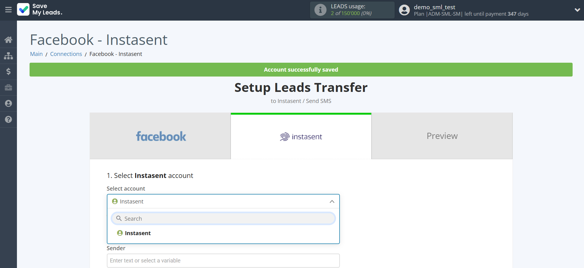 How to Connect Facebook with Instasent | Data Destination account selection