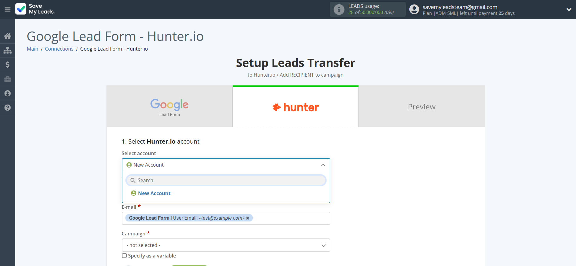 How to Connect Google Lead Form with Hunter.io | Data Destination account selection