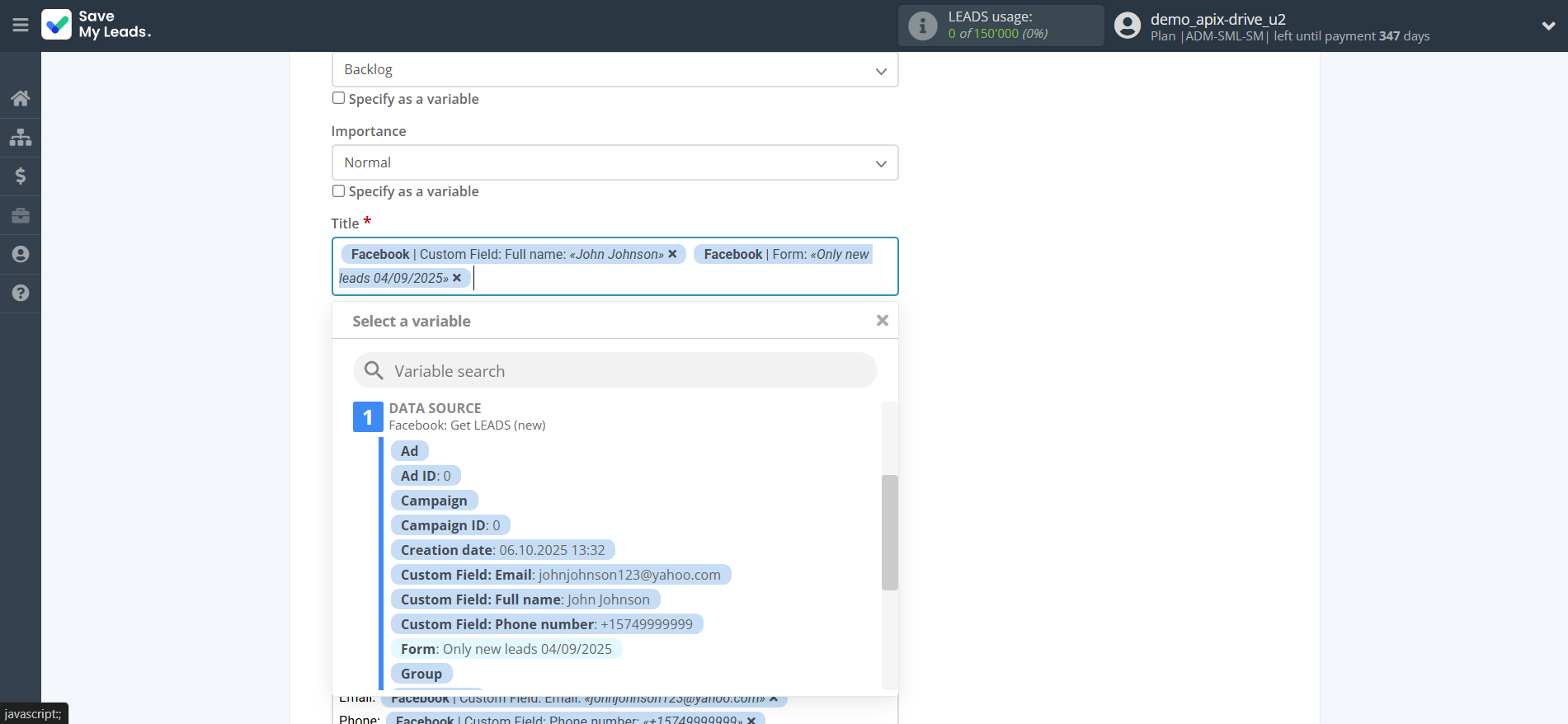 How to Connect Facebook with Wrike | Assigning fields