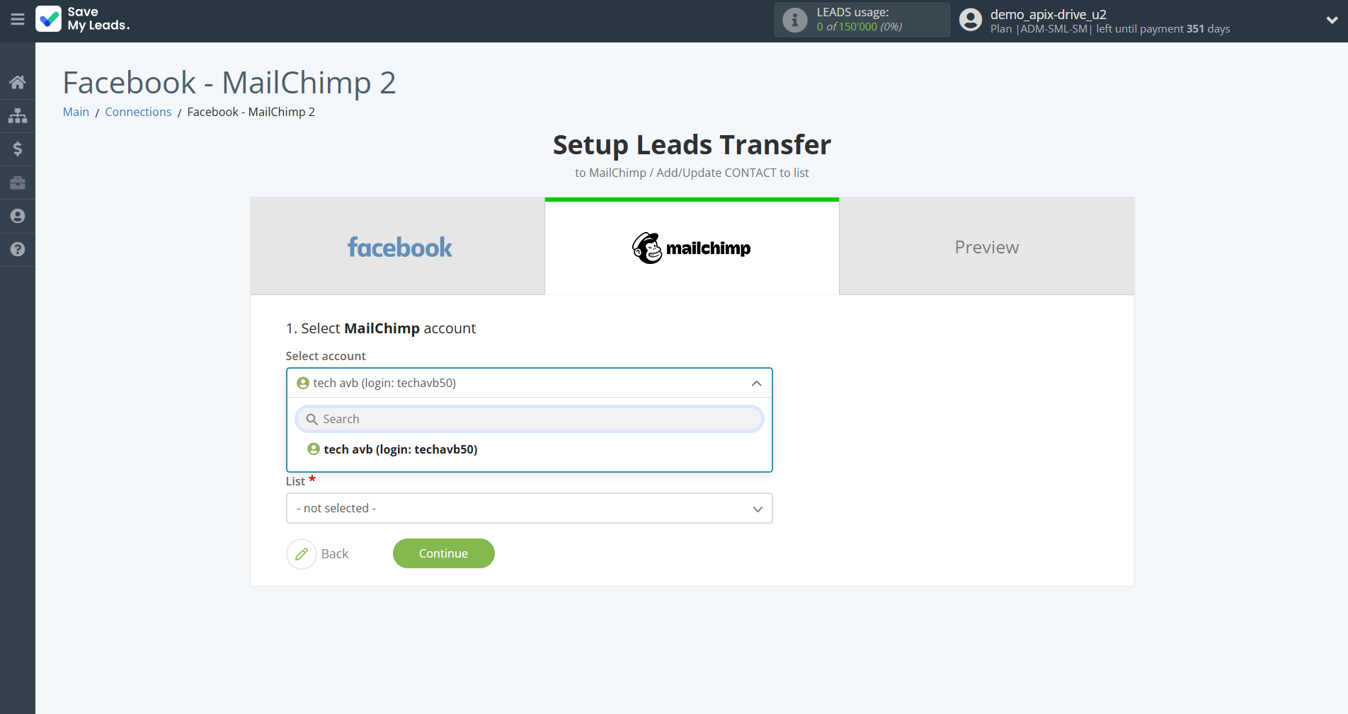 How to Connect Facebook with MailChimp | Data Destination account selection How to Connect Facebook with MailChimp | Data Destination account selection