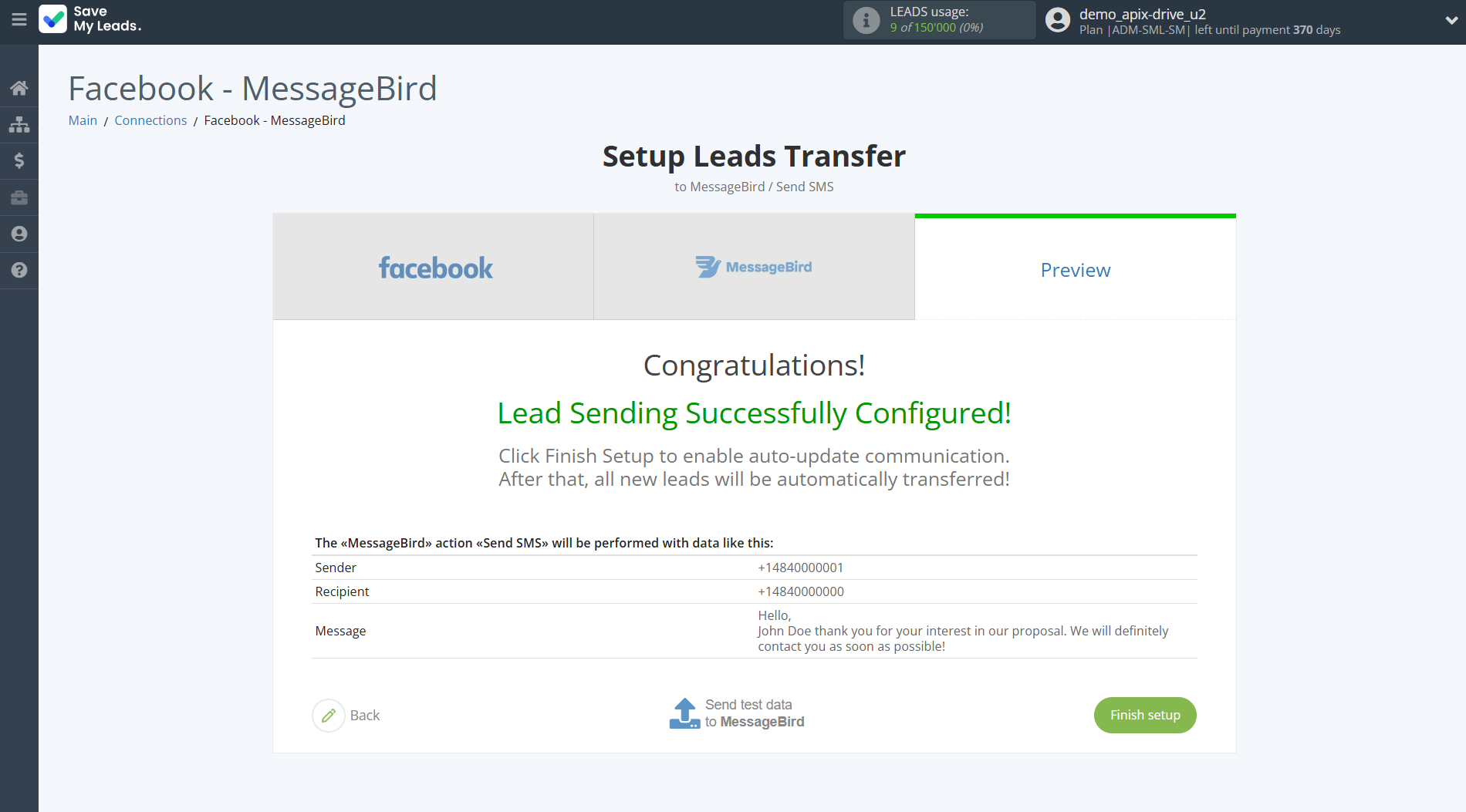 How to Connect Facebook with MessageBird | Test data