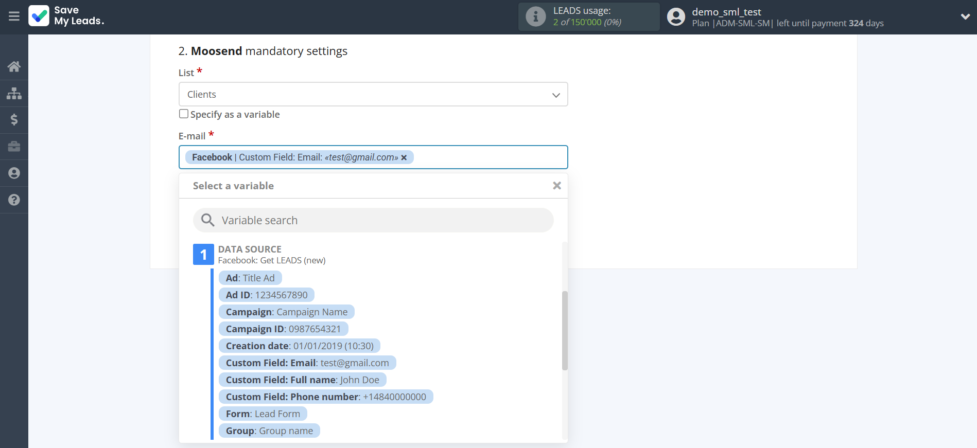 How to Connect Facebook with Moosend | Assigning fields