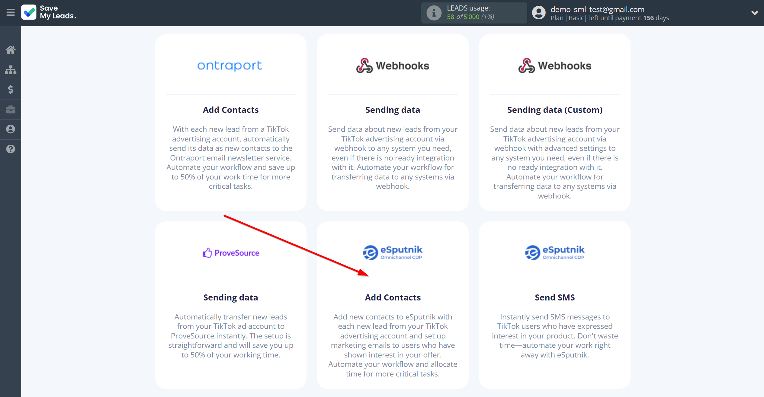 How to Connect TikTok with eSputnik Add Contacts | Data Destination system selection How to Connect TikTok with eSputnik Add Contacts | Data Destination system selection