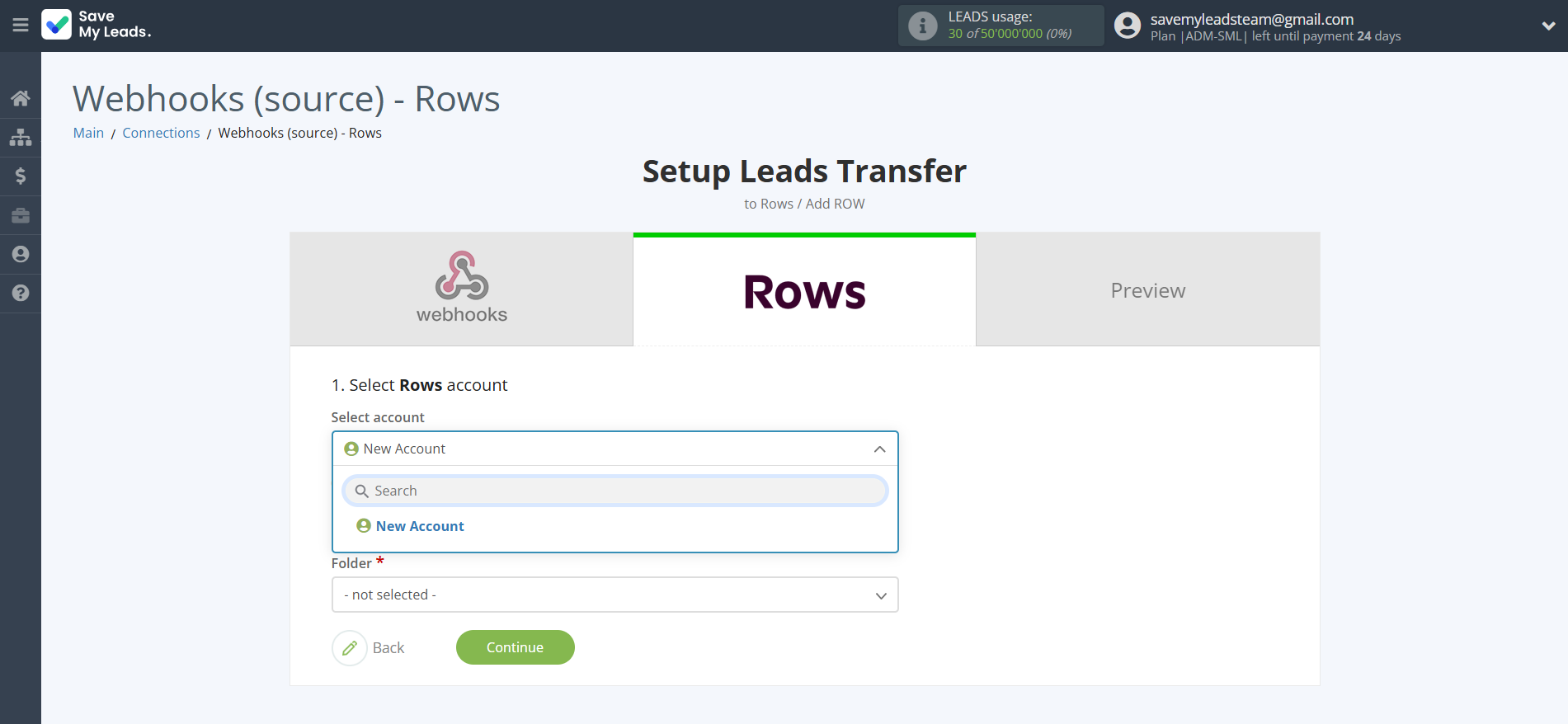 How to Connect Webhooks with Rows Add Row | Data Destination account selection