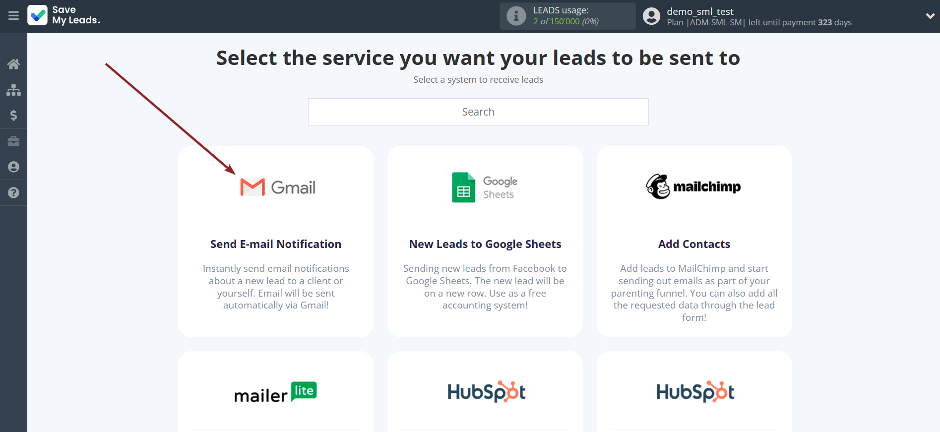 How to Connect Webhooks with Gmail | Data Destination system selection