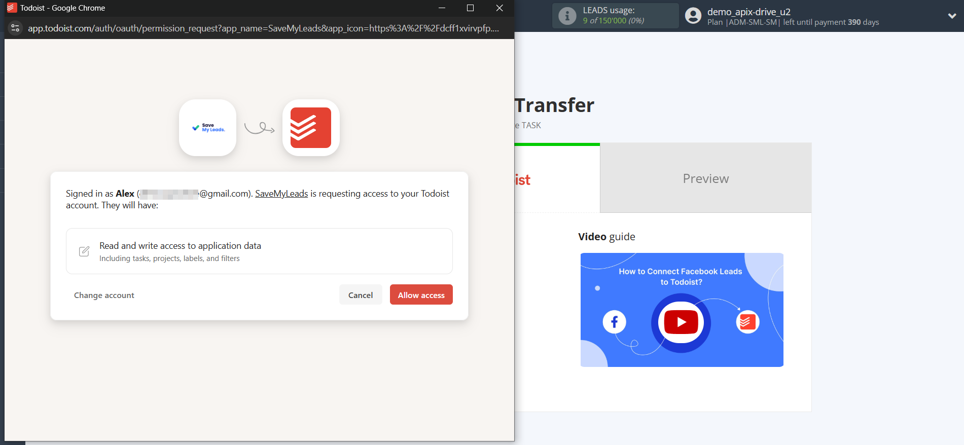How to Connect Facebook with Todoist | Data Destination account connection