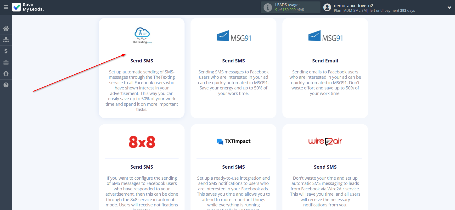How to Connect Facebook with TheTexting | Data Destination system selection