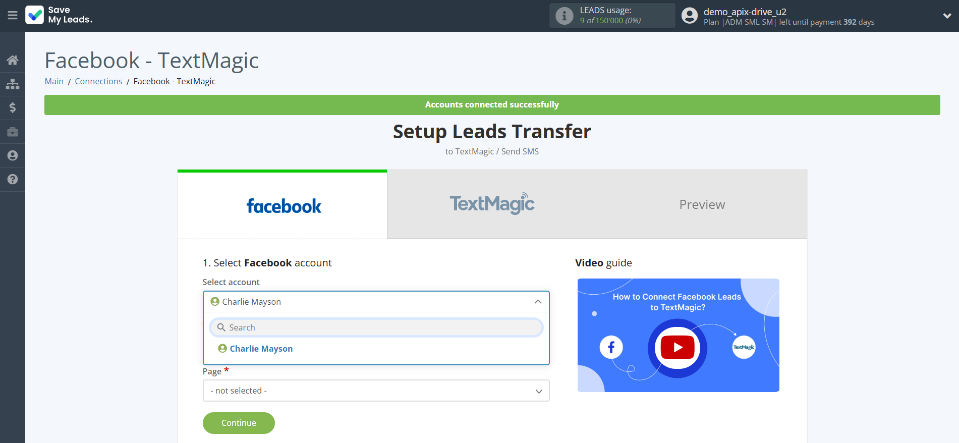 How to Connect Facebook with TextMagic | Data Source account selection