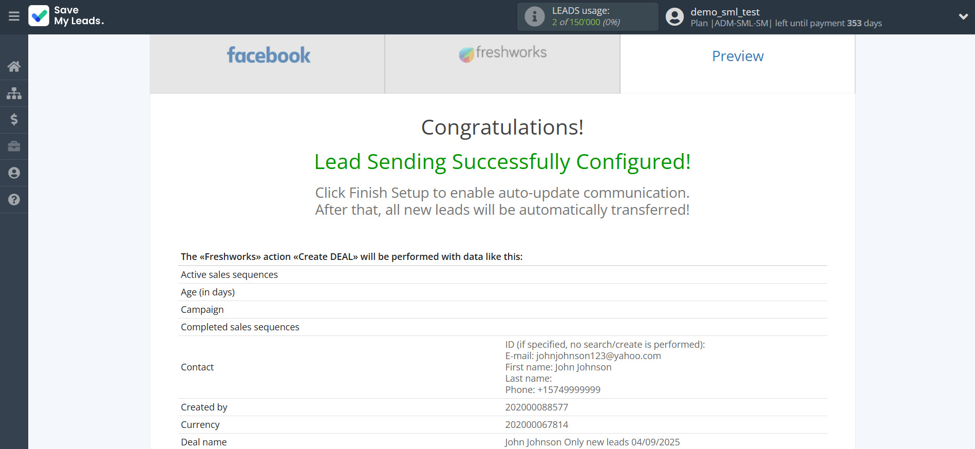 How to Connect Facebook with Freshworks Create Deal | Test data
