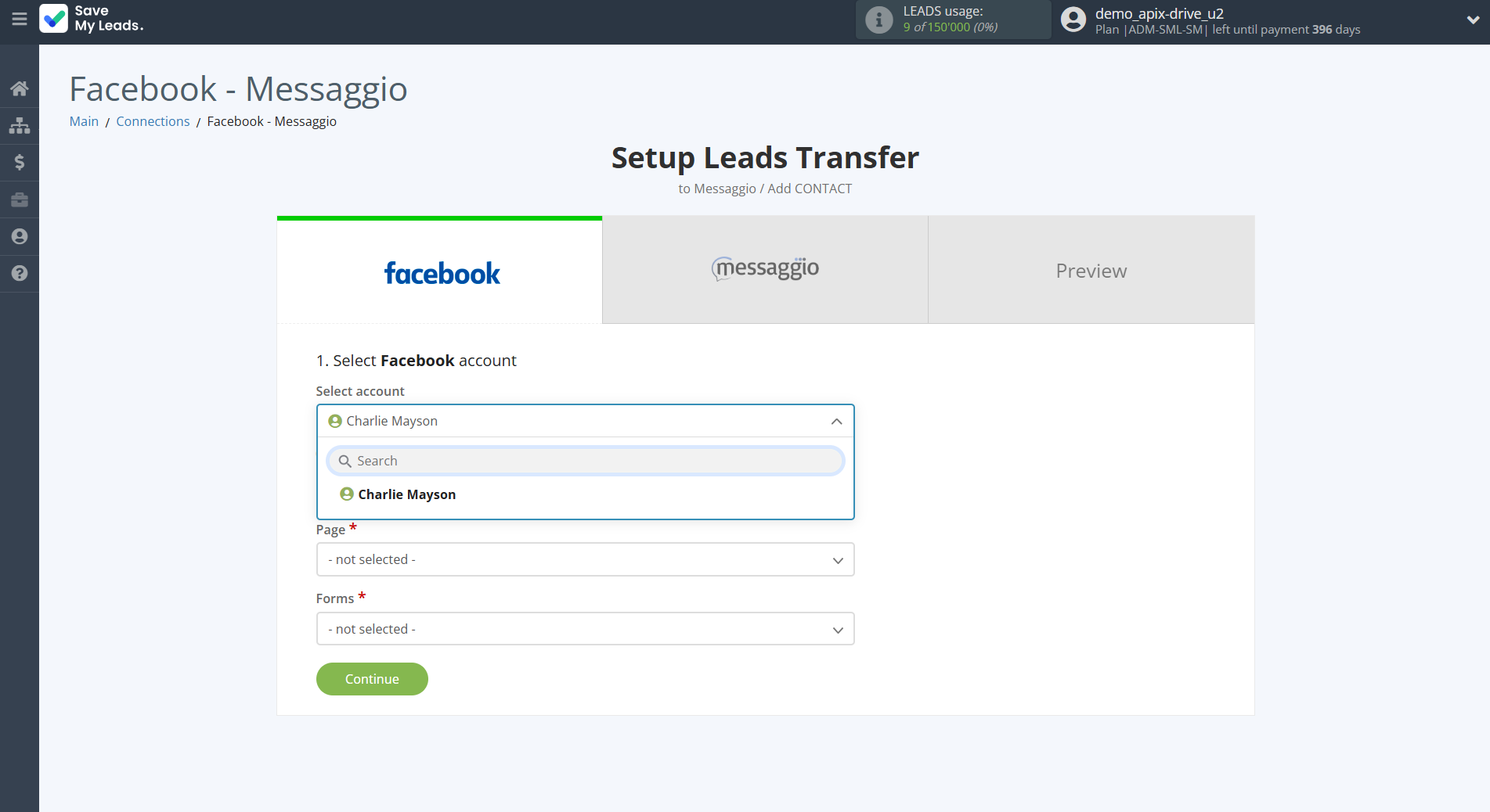 How to Connect Facebook with Messaggio | Data Source account selection