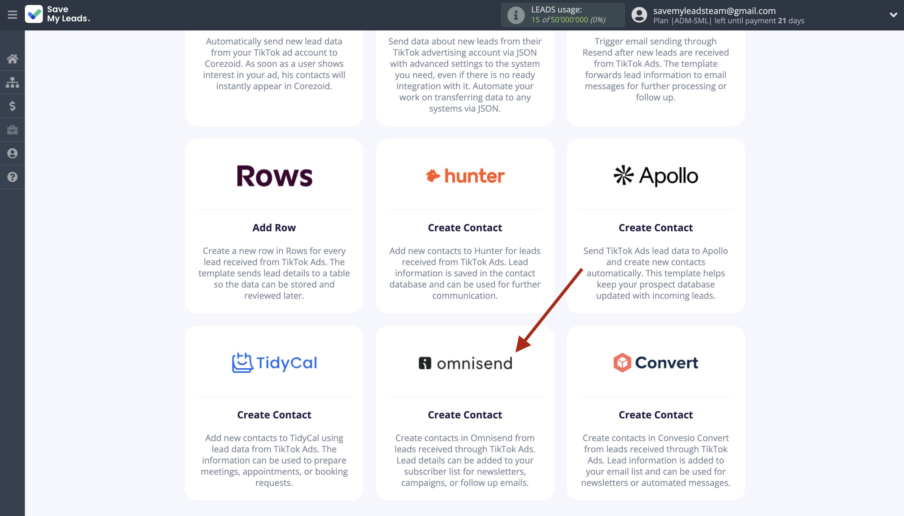 How to Connect TikTok with Omnisend Create Contact | Data Destination system selection