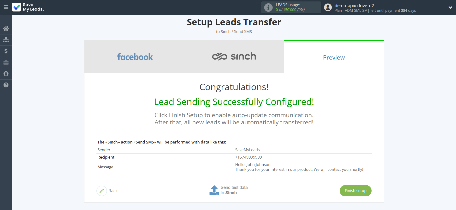 How to Connect Facebook with Sinch | Test data