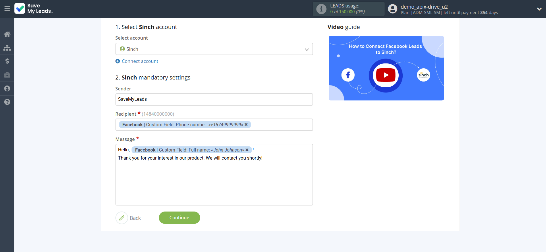 How to Connect Facebook with Sinch | Assigning fields